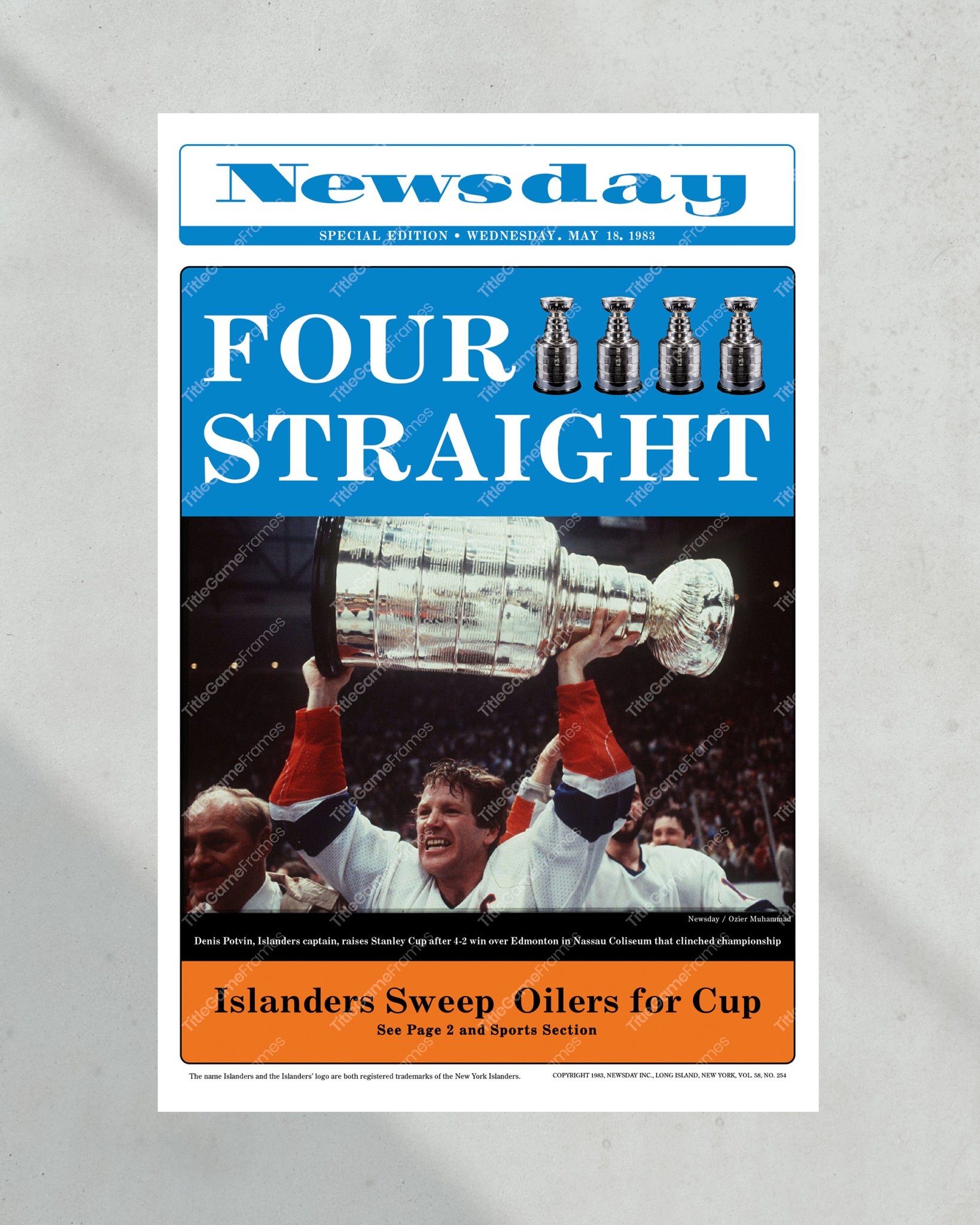 1983 New York Islanders Four Straight Stanley Cup Victory - Exclusive Framed Newspaper - Title Game Frames