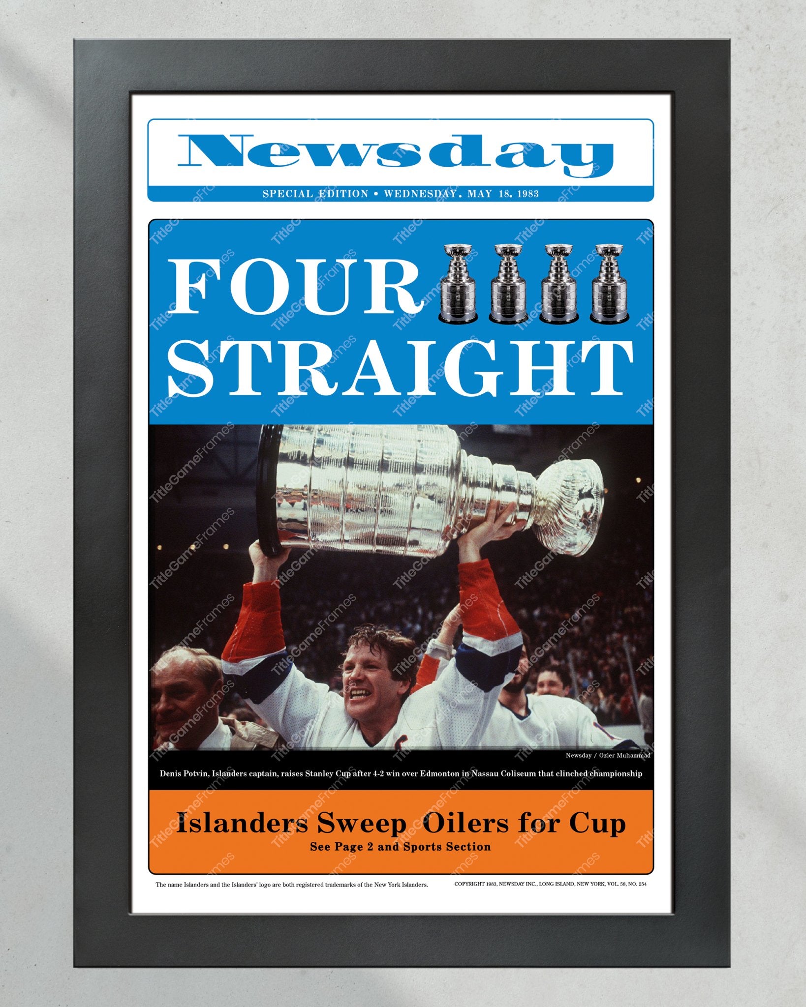 1983 New York Islanders Four Straight Stanley Cup Victory - Exclusive Framed Newspaper - Title Game Frames