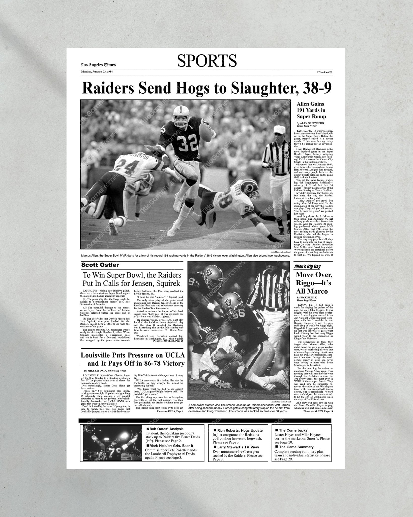 1984 Los Angeles Raiders Super Bowl XVIII Champions Framed Front Page Newspaper Print - Title Game Frames