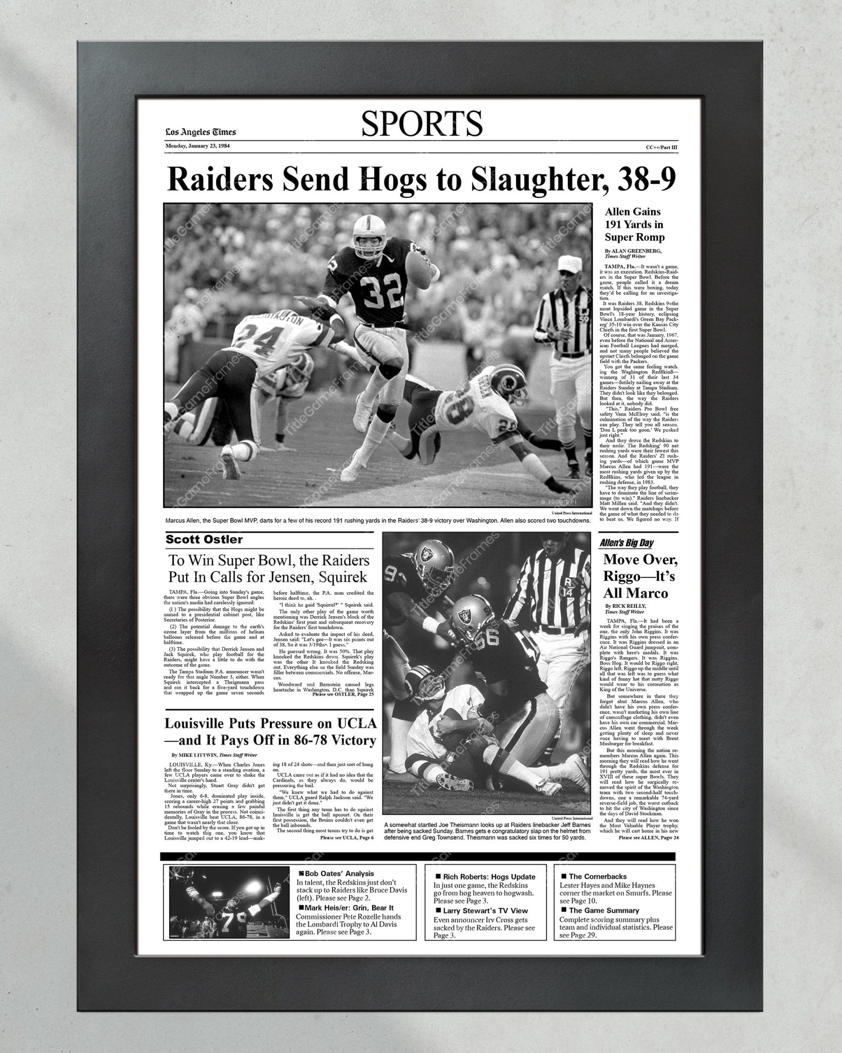 1984 Los Angeles Raiders Super Bowl XVIII Champions Framed Front Page Newspaper Print - Title Game Frames