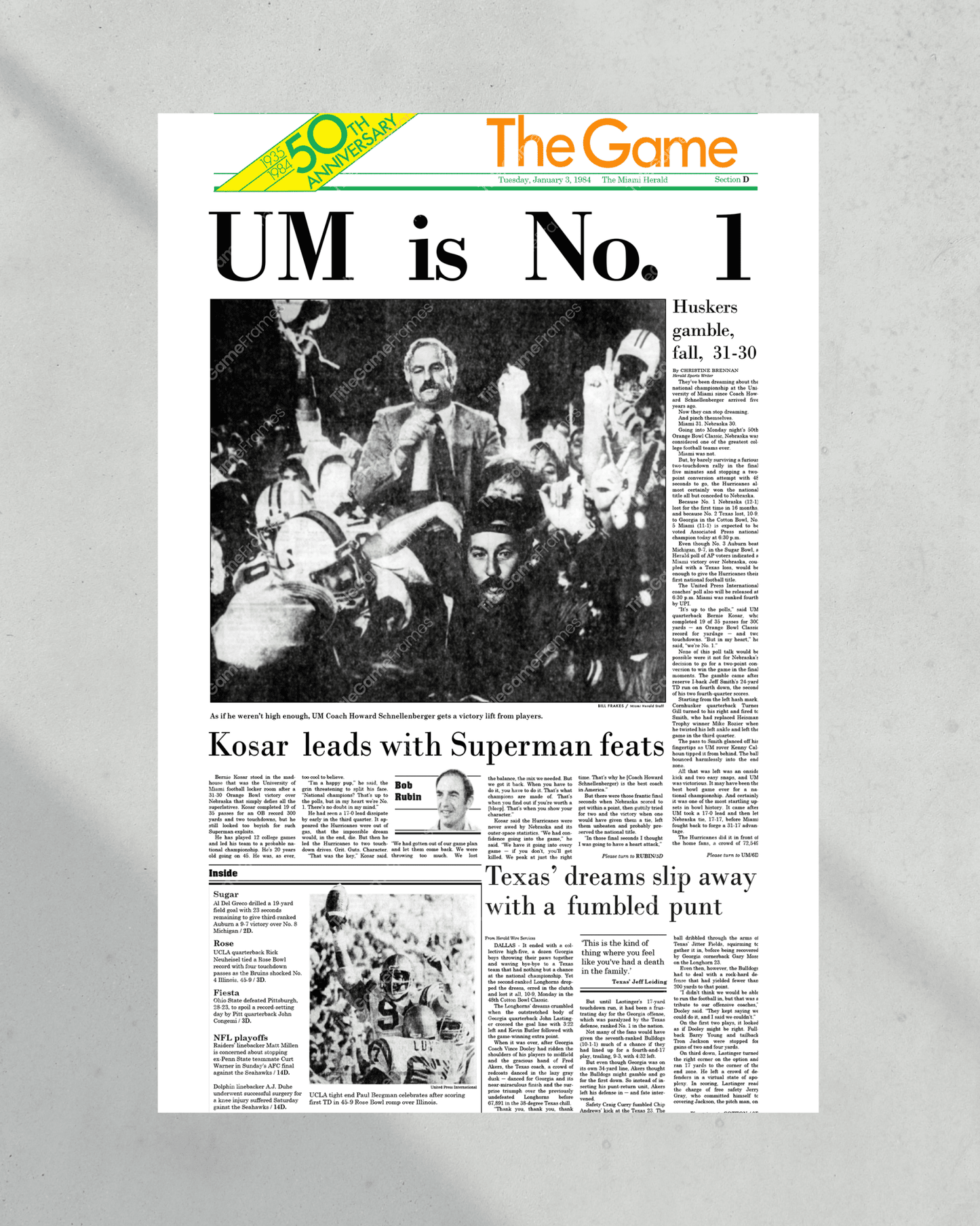 1984 Miami Hurricanes Football "UM is No 1" National Championship Framed Newspaper - TitleGameFrames.com