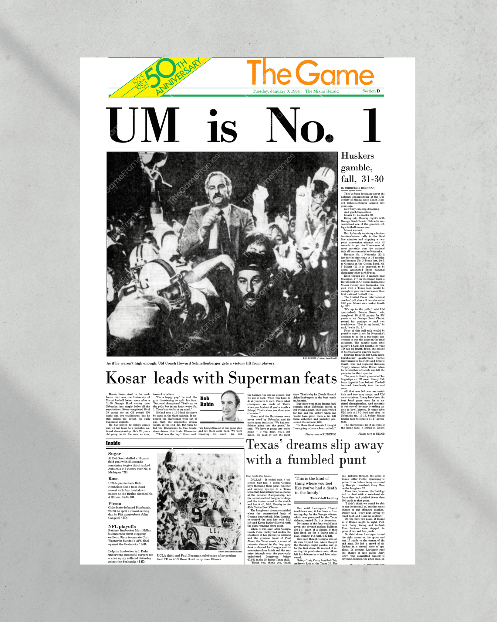 1984 Miami Hurricanes Football "UM is No 1" National Championship Framed Newspaper - TitleGameFrames.com