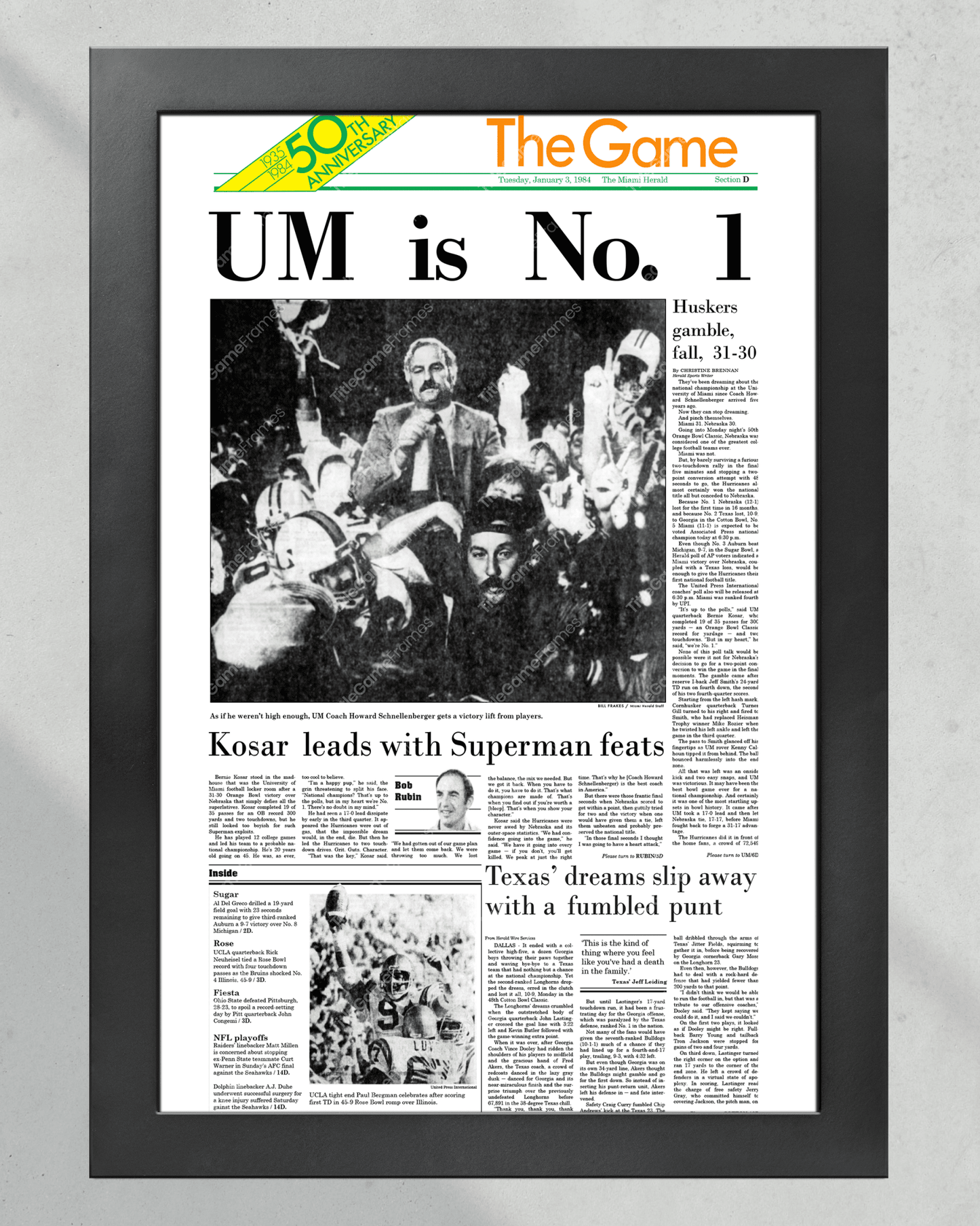 1984 Miami Hurricanes Football "UM is No 1" National Championship Framed Newspaper - TitleGameFrames.com