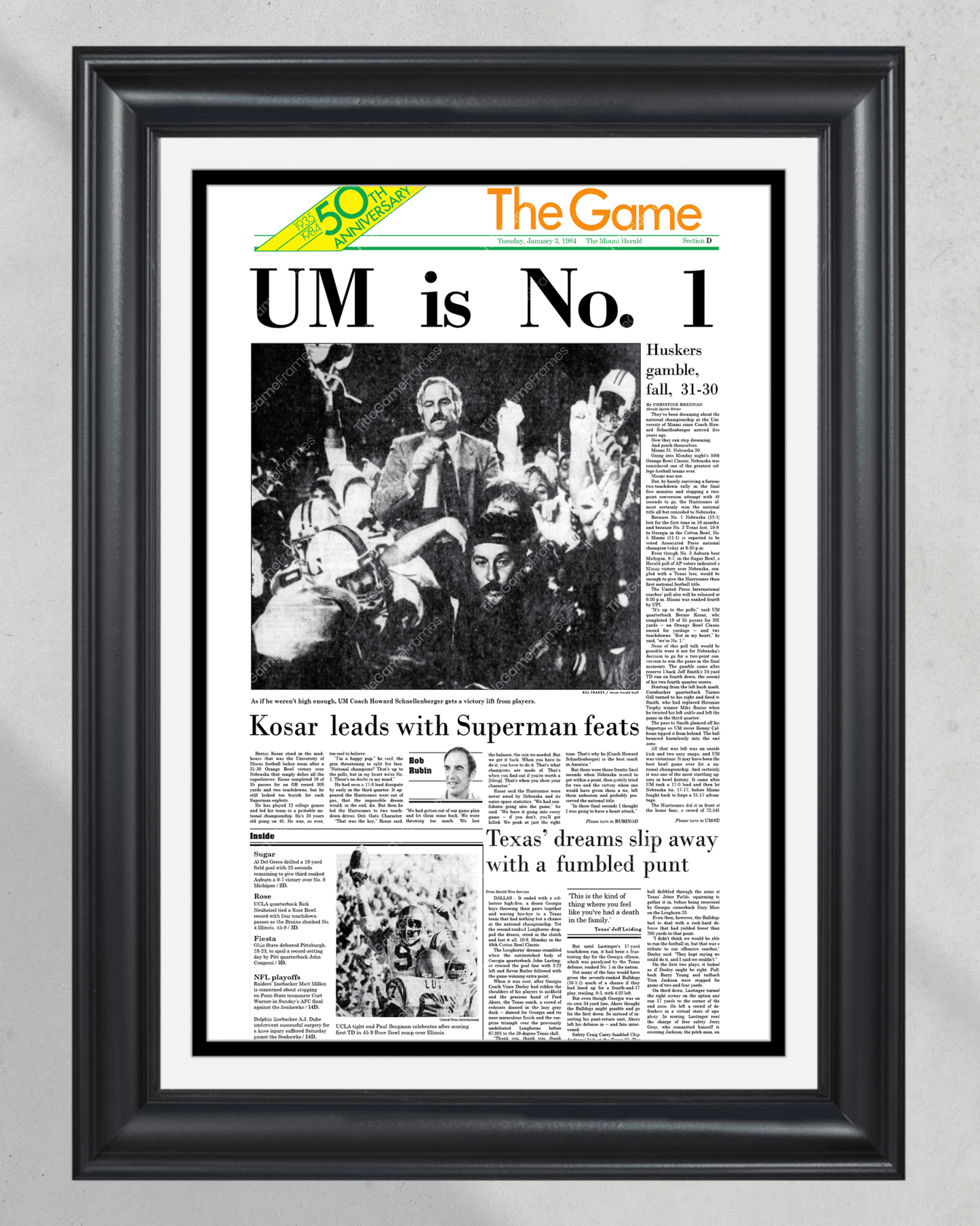 1984 Miami Hurricanes Football "UM is No 1" National Championship Framed Newspaper - TitleGameFrames.com