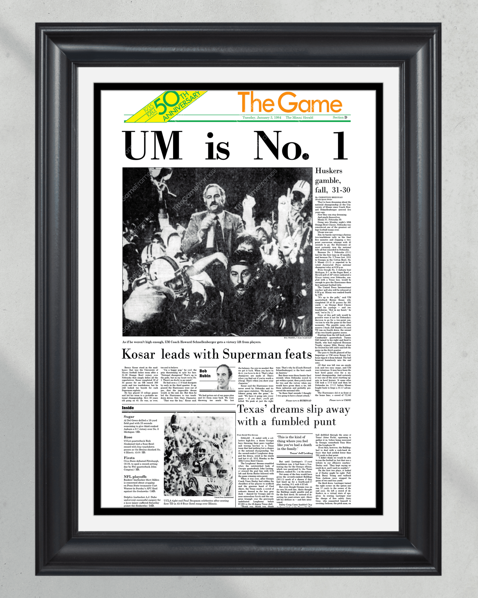 1984 Miami Hurricanes Football "UM is No 1" National Championship Framed Newspaper - TitleGameFrames.com