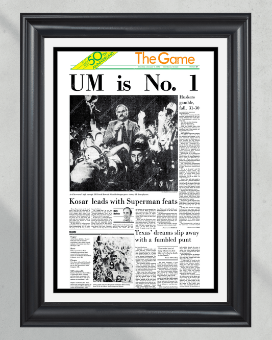 1984 Miami Hurricanes Football "UM is No 1" National Championship Framed Newspaper - TitleGameFrames.com