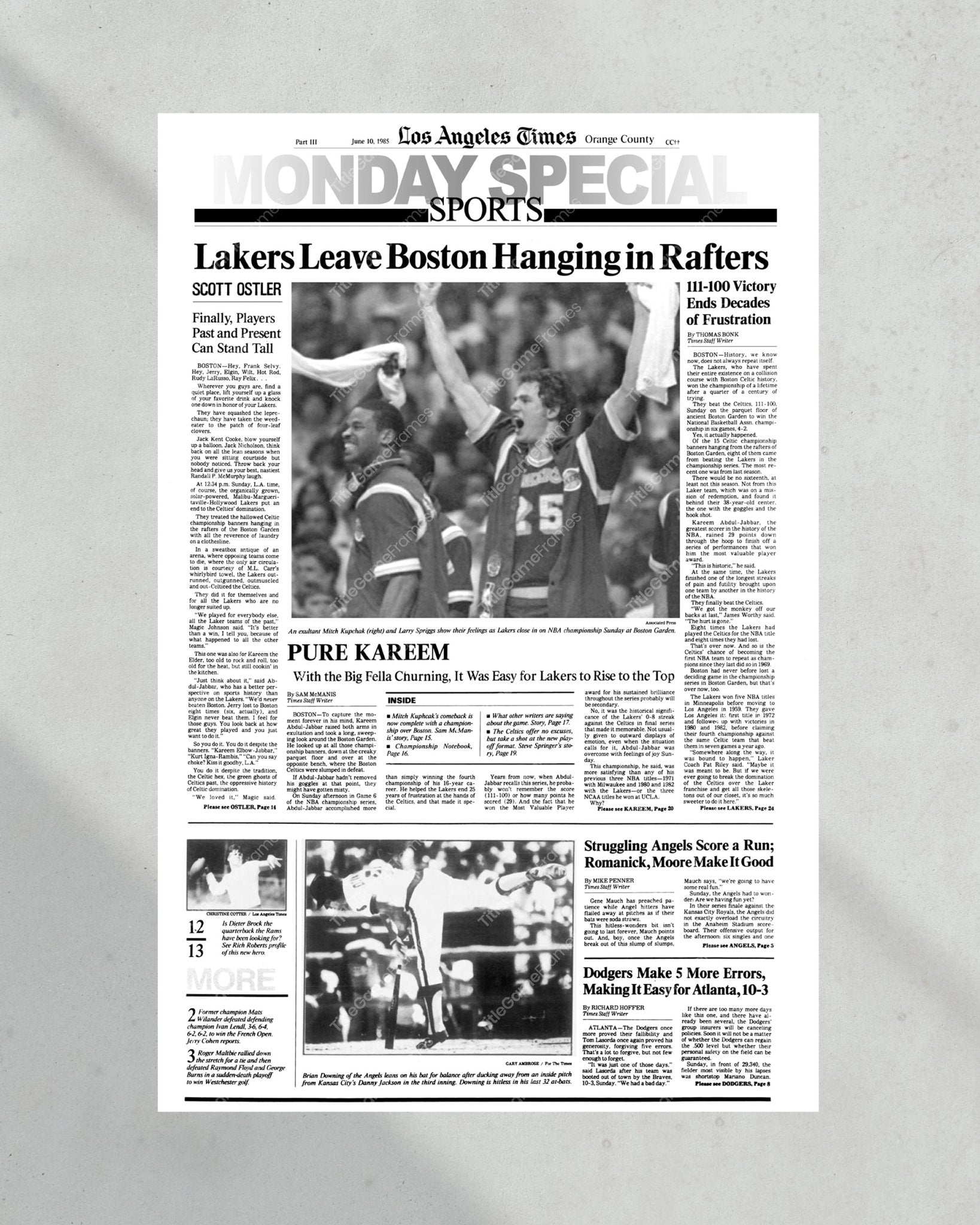 1985 Los Angeles Lakers NBA Champion Framed Front Page Newspaper Print - Title Game Frames