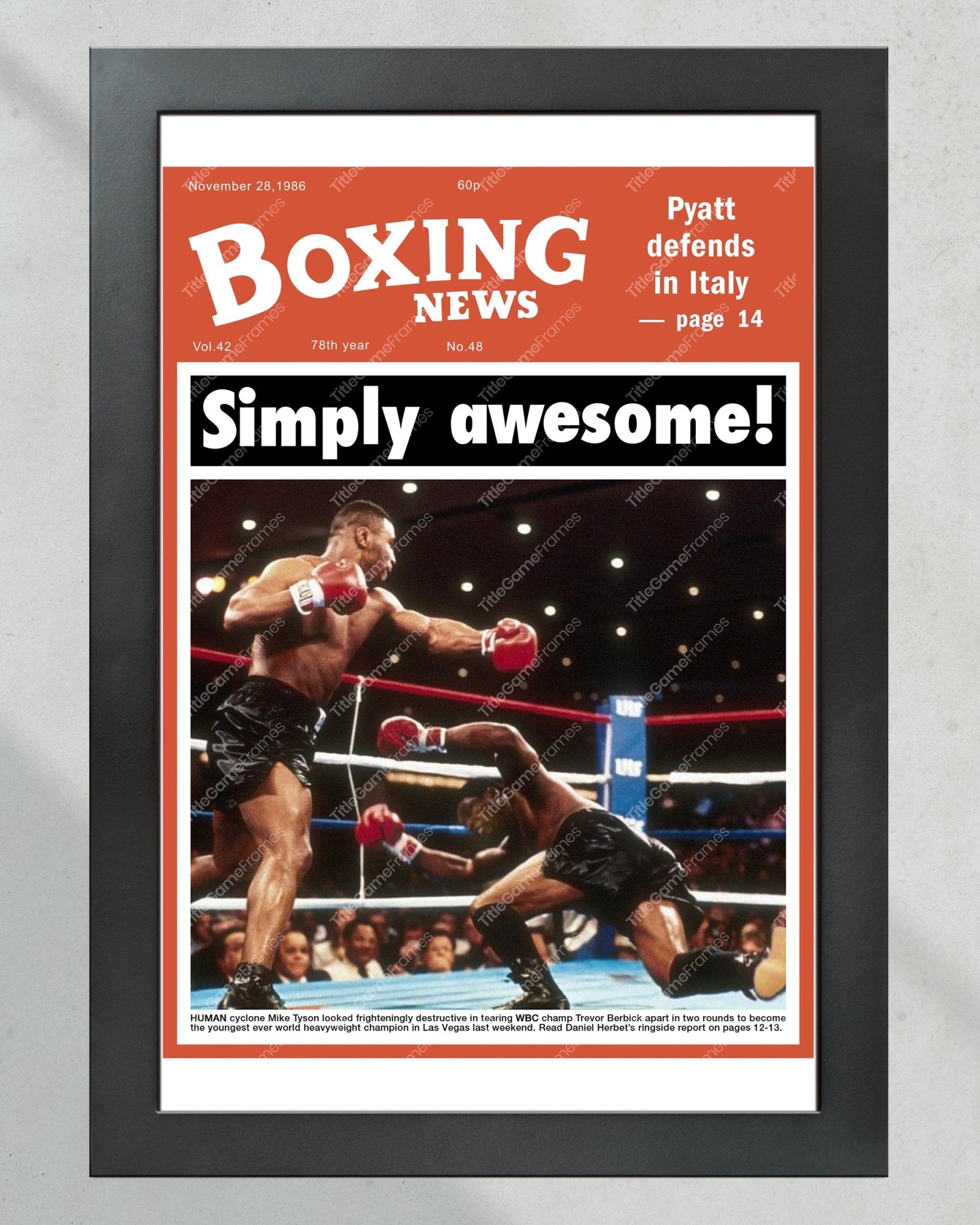 1986 Mike Tyson Defeats Trevor Berbick to become the Youngest Heavyweight Champion Front Page Newspaper Print - Title Game Frames