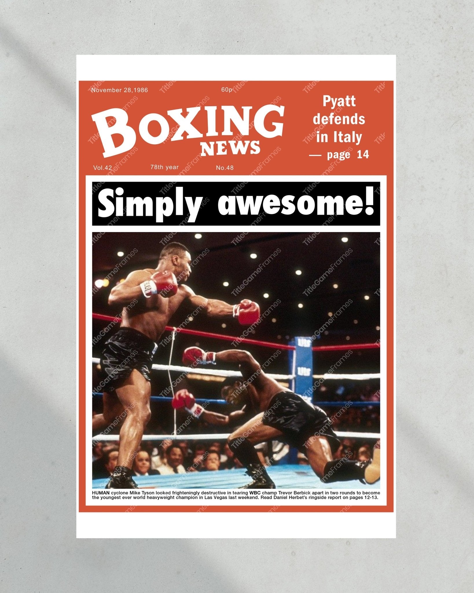 1986 Mike Tyson Defeats Trevor Berbick to become the Youngest Heavyweight Champion Front Page Newspaper Print - Title Game Frames