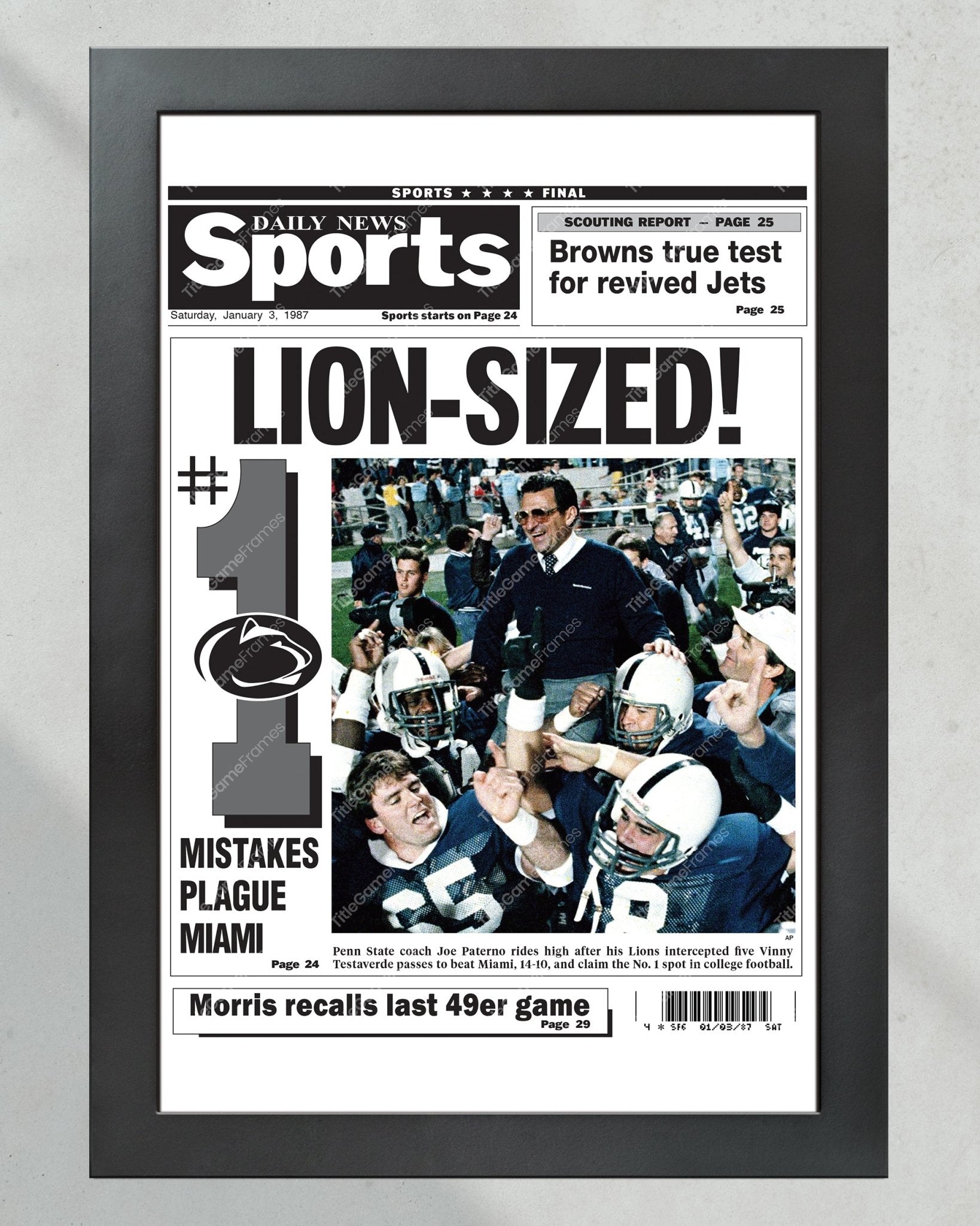 1986 Penn State Nittany Lions NCAA College Football National Champions Framed Front Page Newspaper Print - Title Game Frames