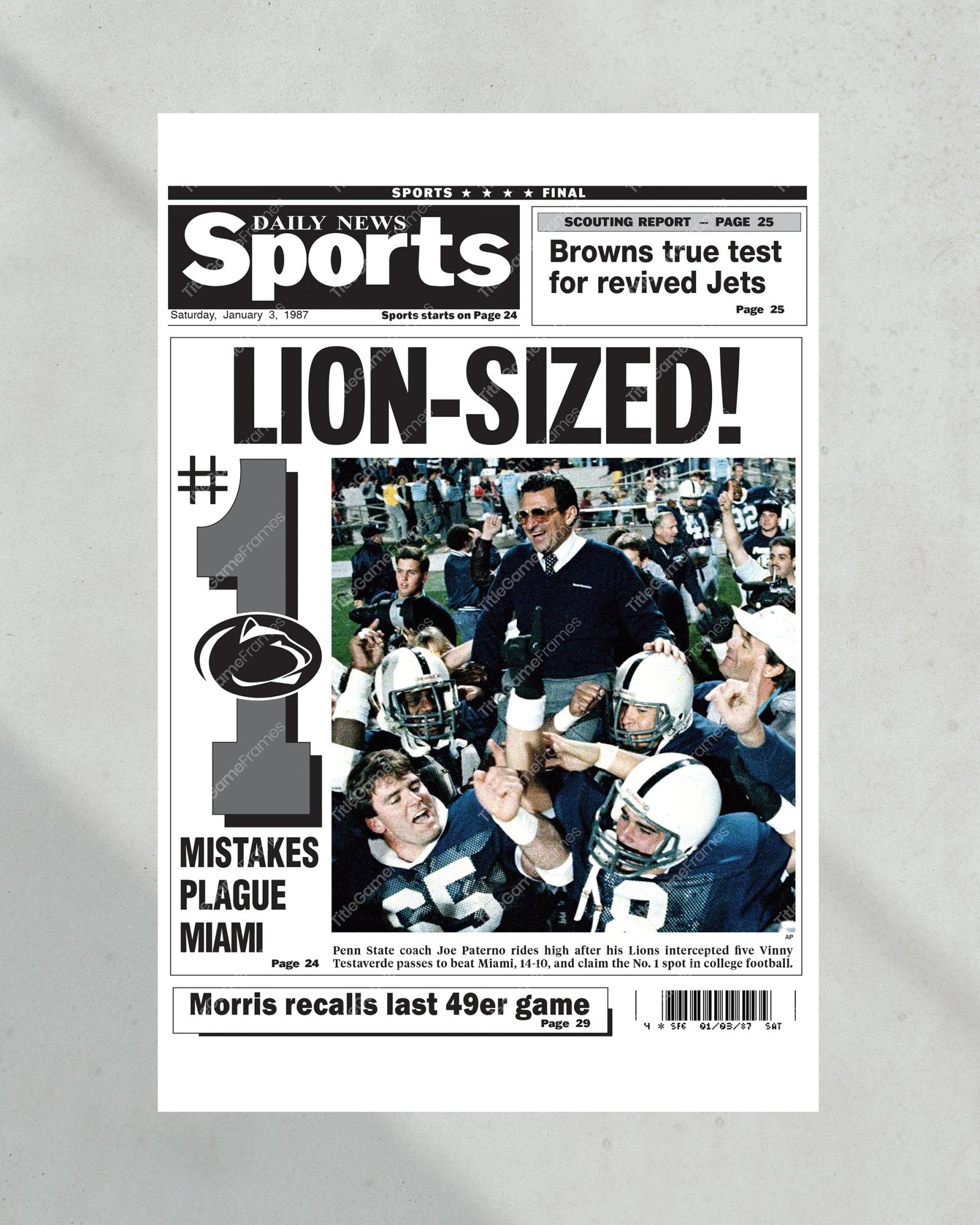 1986 Penn State Nittany Lions NCAA College Football National Champions Framed Front Page Newspaper Print - Title Game Frames