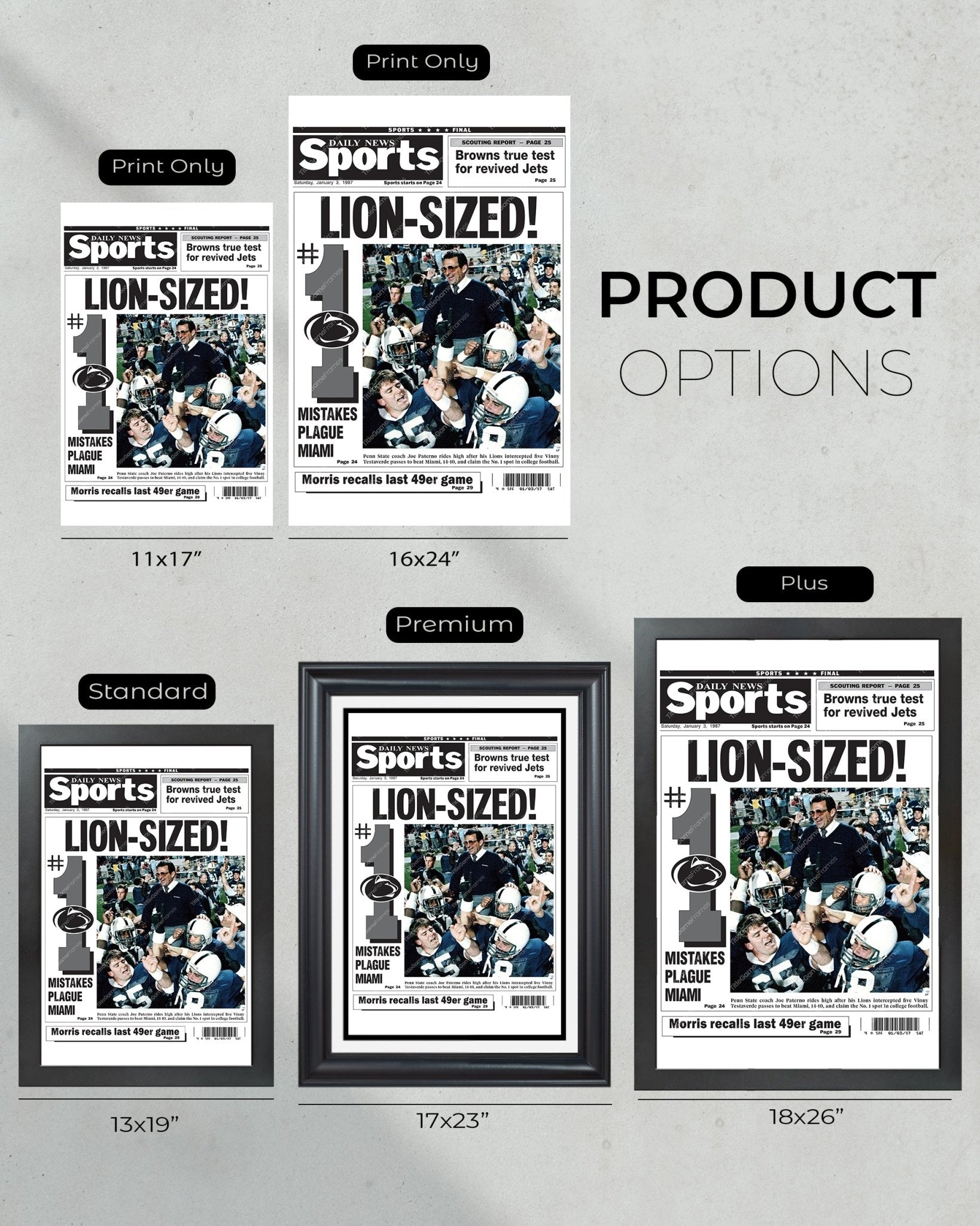 1986 Penn State Nittany Lions NCAA College Football National Champions Framed Front Page Newspaper Print - Title Game Frames