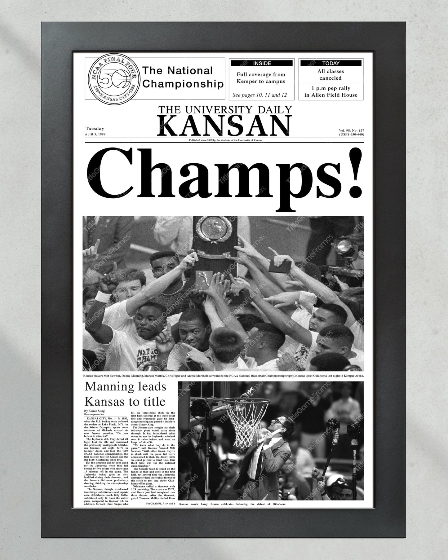 1988 Kansas Jayhawks NCAA College Basketball National Champions Framed Front Page Newspaper Print - Title Game Frames