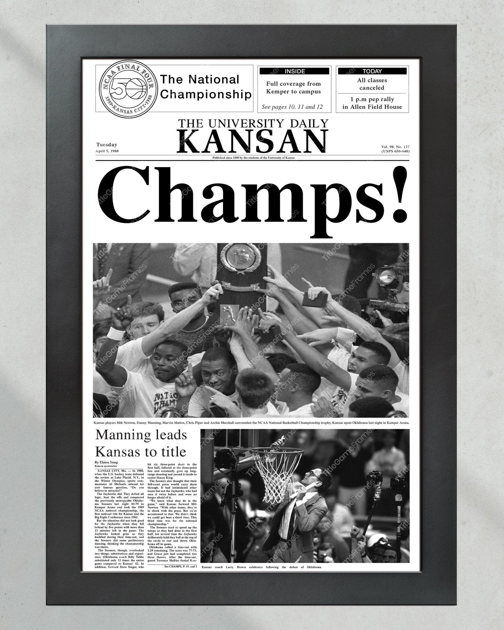 1988 Kansas Jayhawks NCAA College Basketball National Champions Framed Front Page Newspaper Print - Title Game Frames