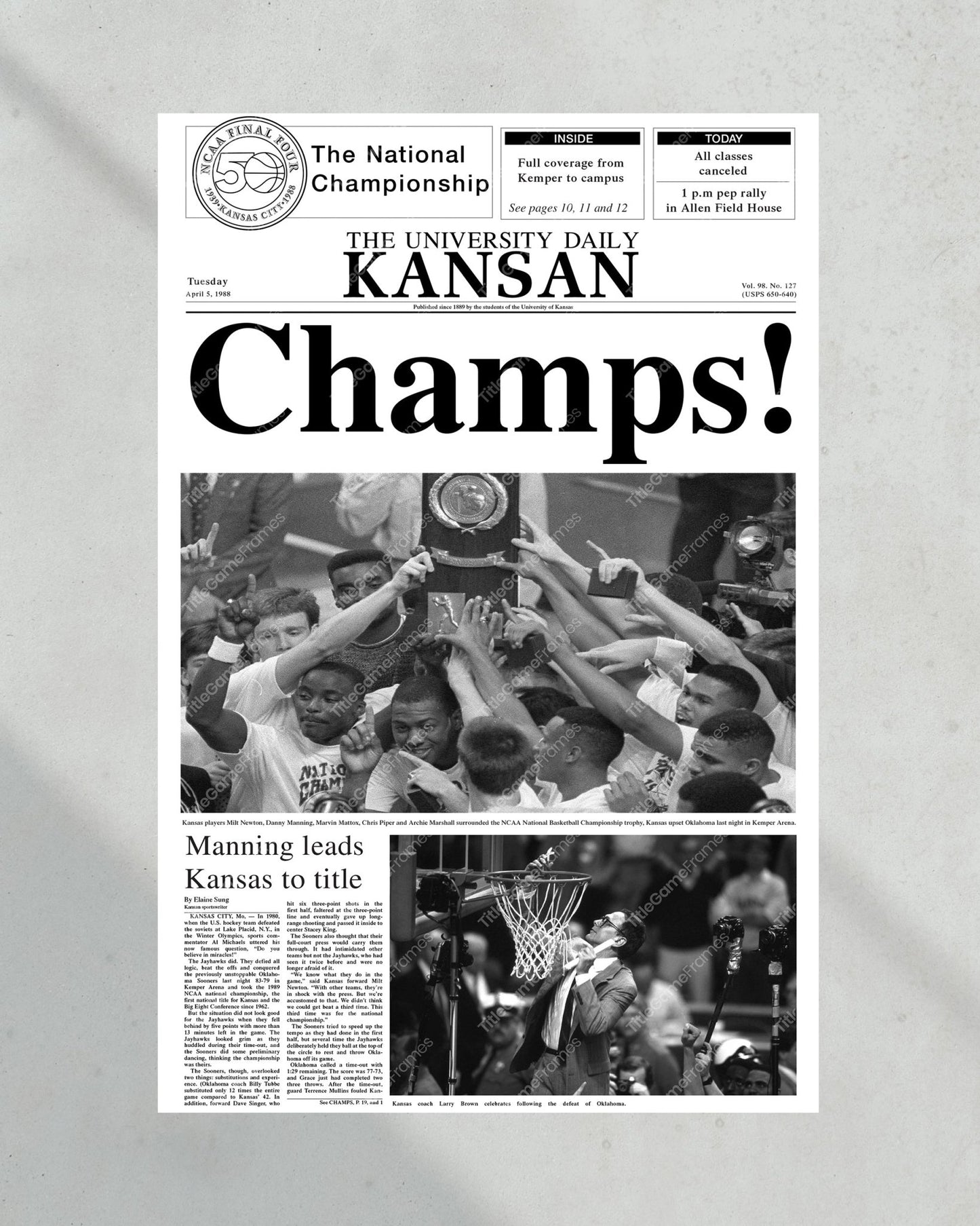 1988 Kansas Jayhawks NCAA College Basketball National Champions Framed Front Page Newspaper Print - Title Game Frames