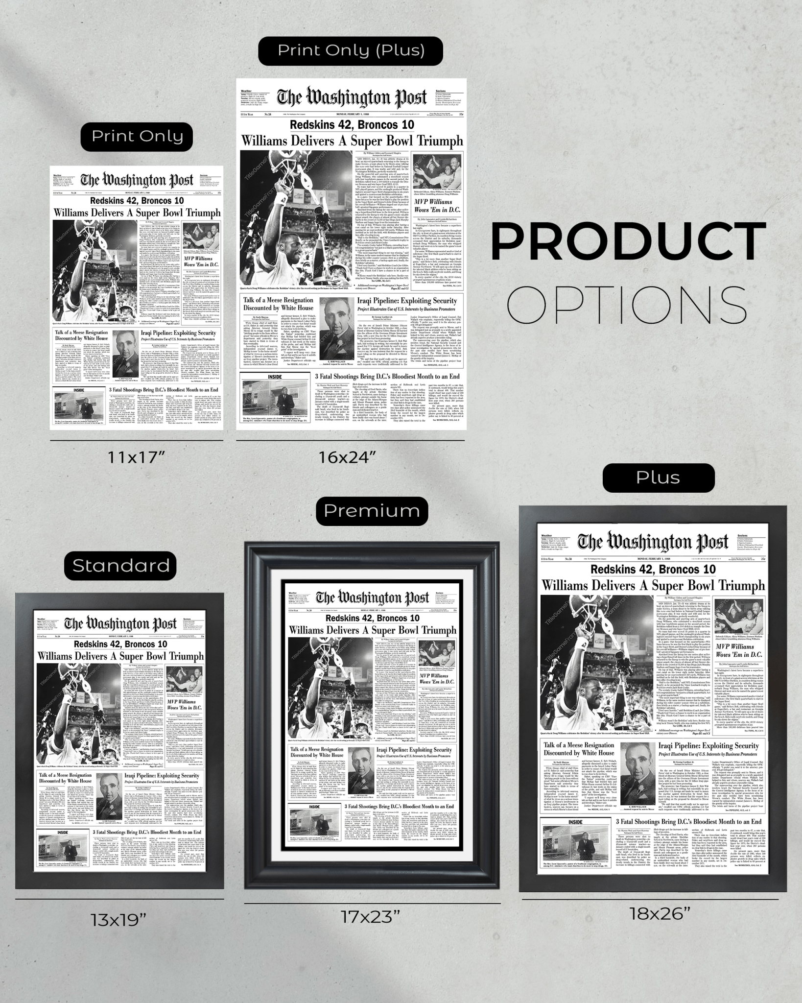 1988 Washington Commanders Super Bowl XXII Framed Front Page Newspaper - Title Game Frames