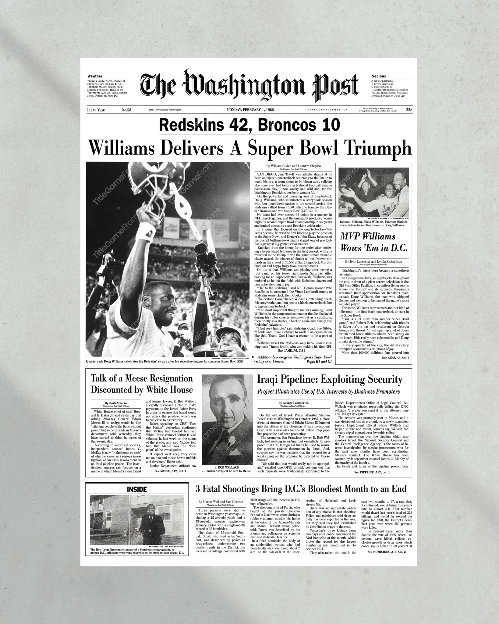 1988 Washington Commanders Super Bowl XXII Framed Front Page Newspaper - Title Game Frames