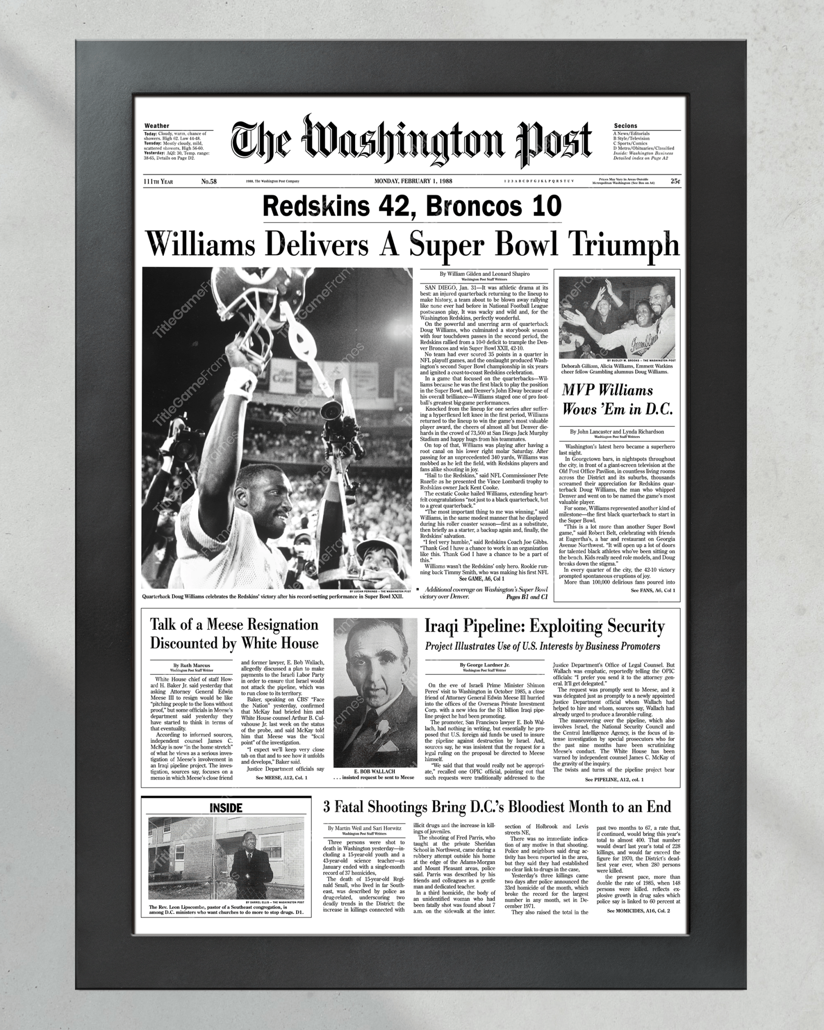 1988 Washington Commanders Super Bowl XXII Framed Front Page Newspaper - Title Game Frames