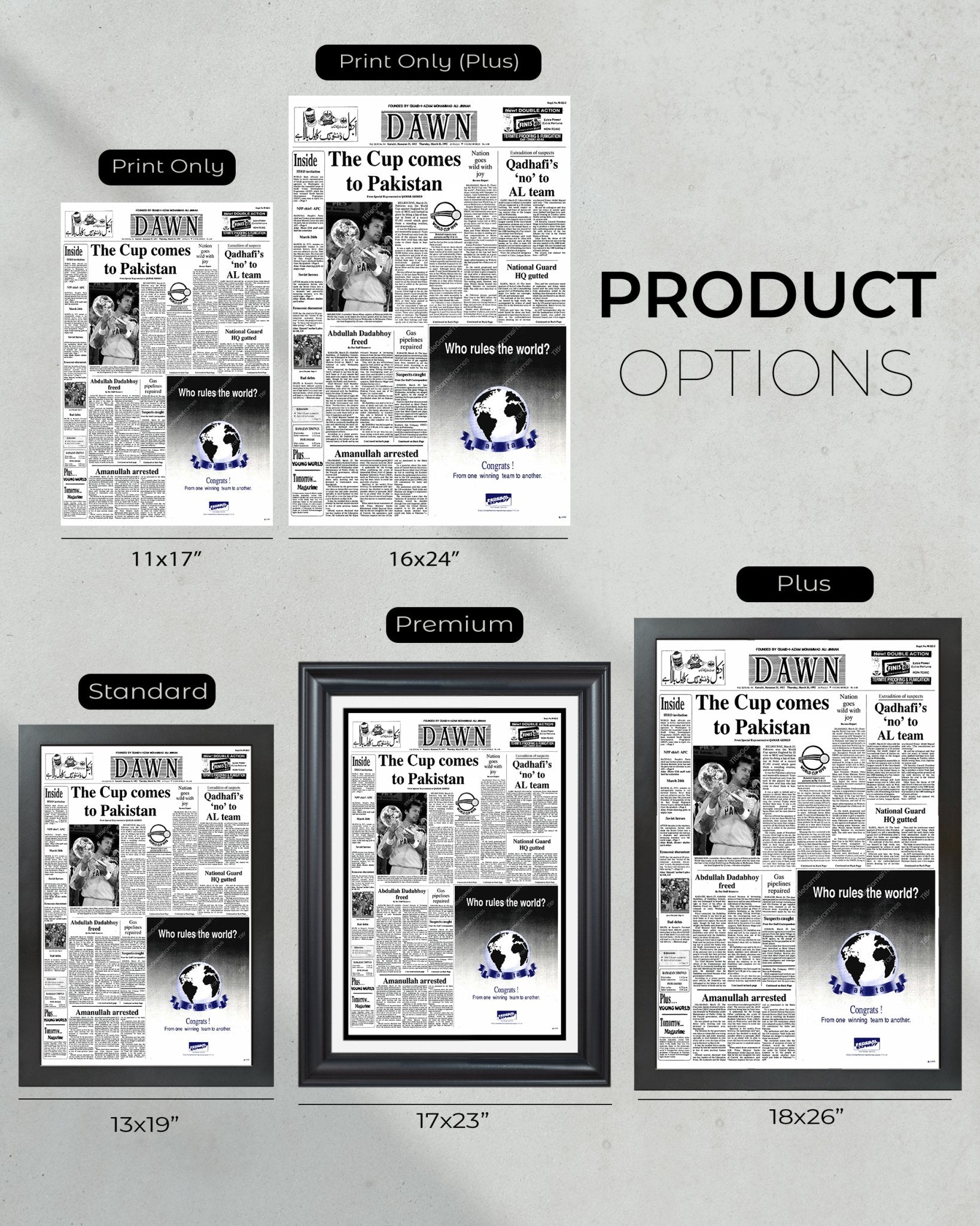 1992 Pakistan's Historic Cricket World Cup Victory Framed Newspaper - Title Game Frames
