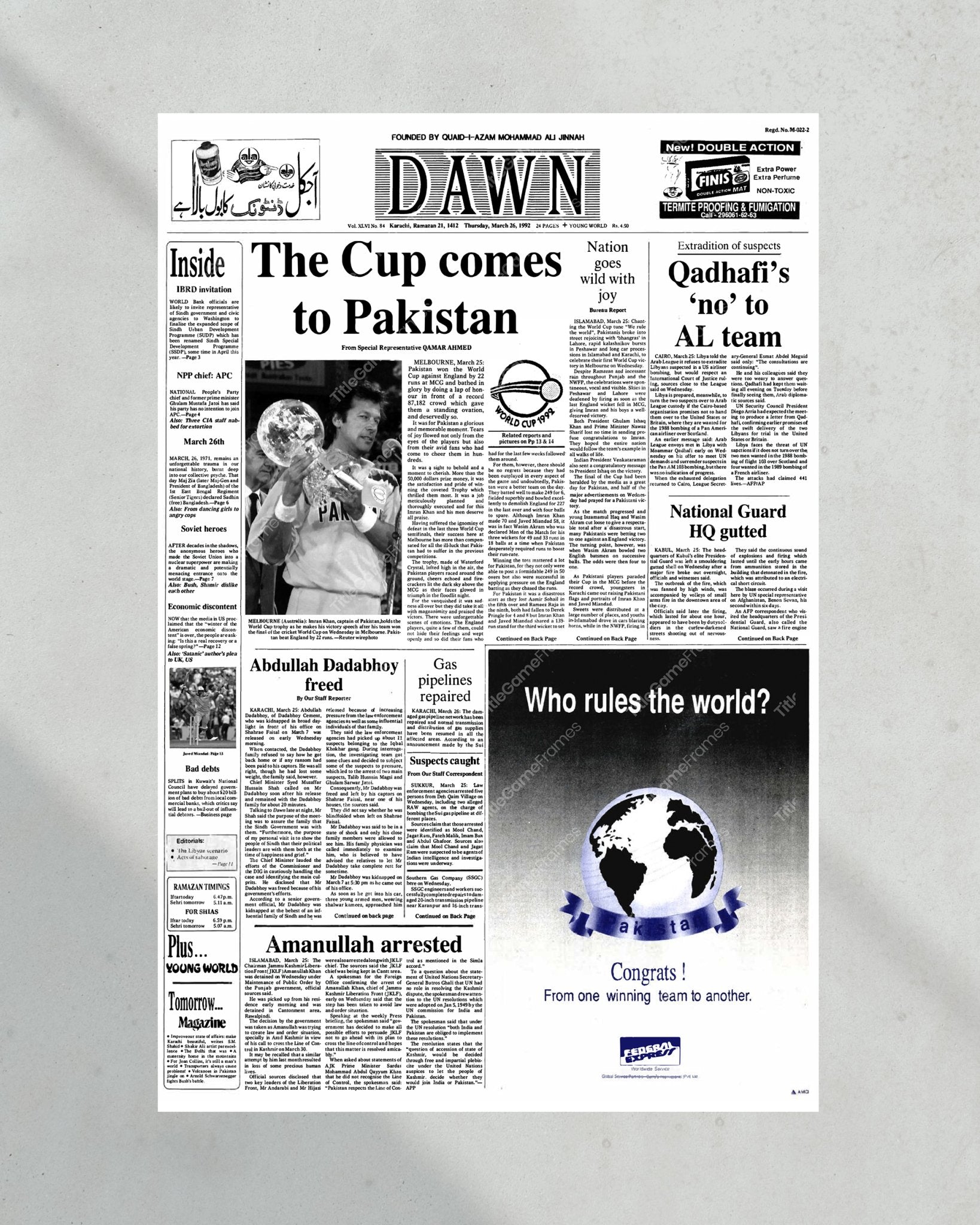 1992 Pakistan's Historic Cricket World Cup Victory Framed Newspaper - Title Game Frames