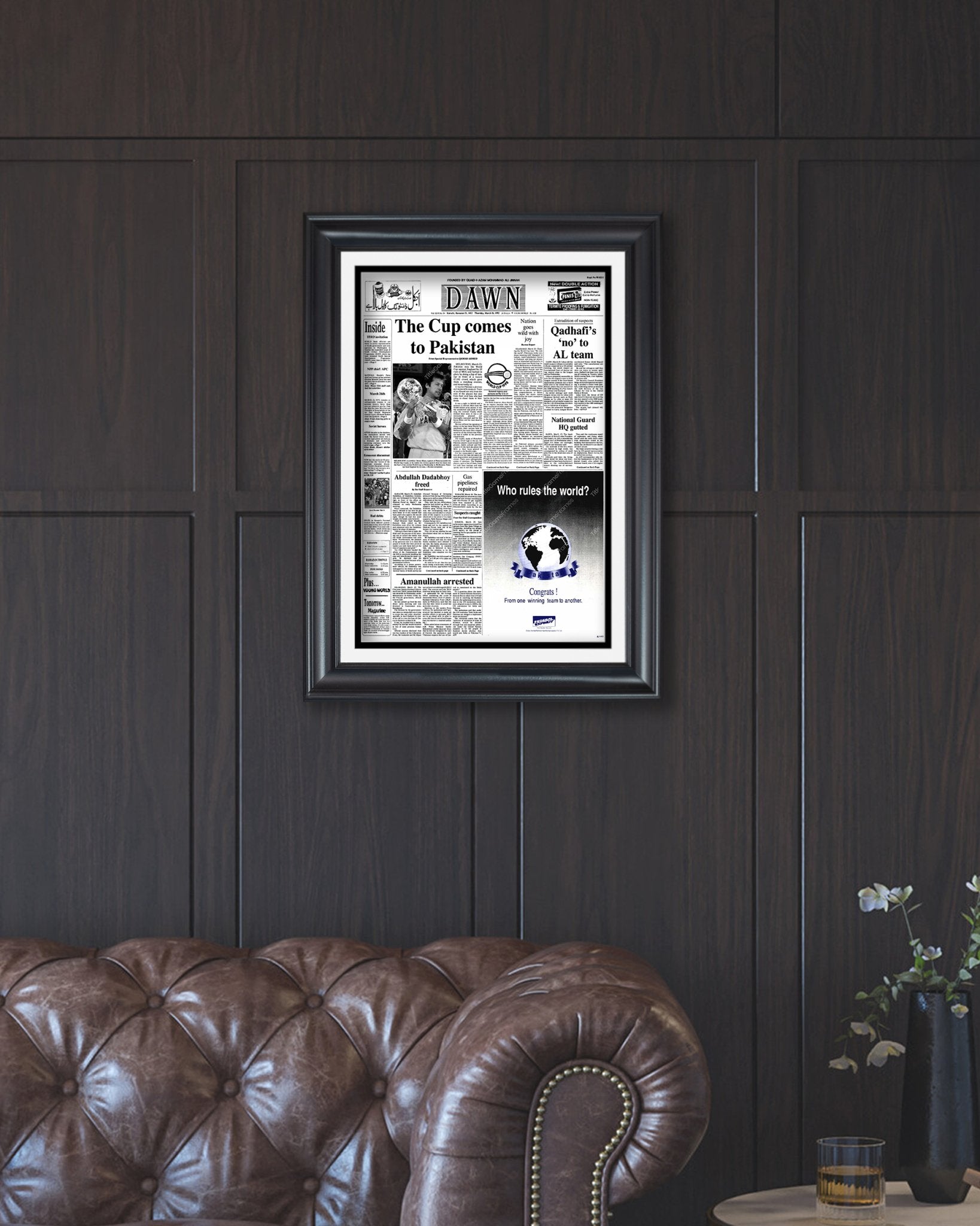 1992 Pakistan's Historic Cricket World Cup Victory Framed Newspaper - Title Game Frames