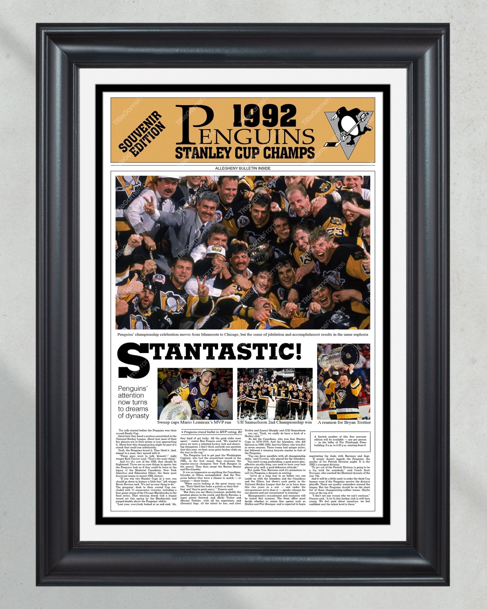 1992 Pittsburgh Penguins Framed Stanley Cup Champions Front Page Newspaper Print Mario Lemieux Civic Arena Igloo - Title Game Frames