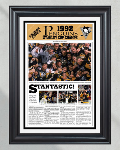 1992 Pittsburgh Penguins Framed Stanley Cup Champions Front Page Newspaper Print Mario Lemieux Civic Arena Igloo - Title Game Frames