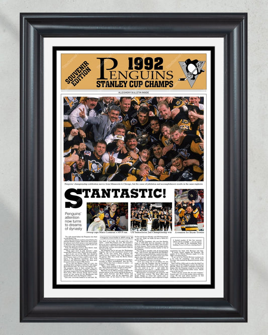 1992 Pittsburgh Penguins Framed Stanley Cup Champions Front Page Newspaper Print Mario Lemieux Civic Arena Igloo - Title Game Frames