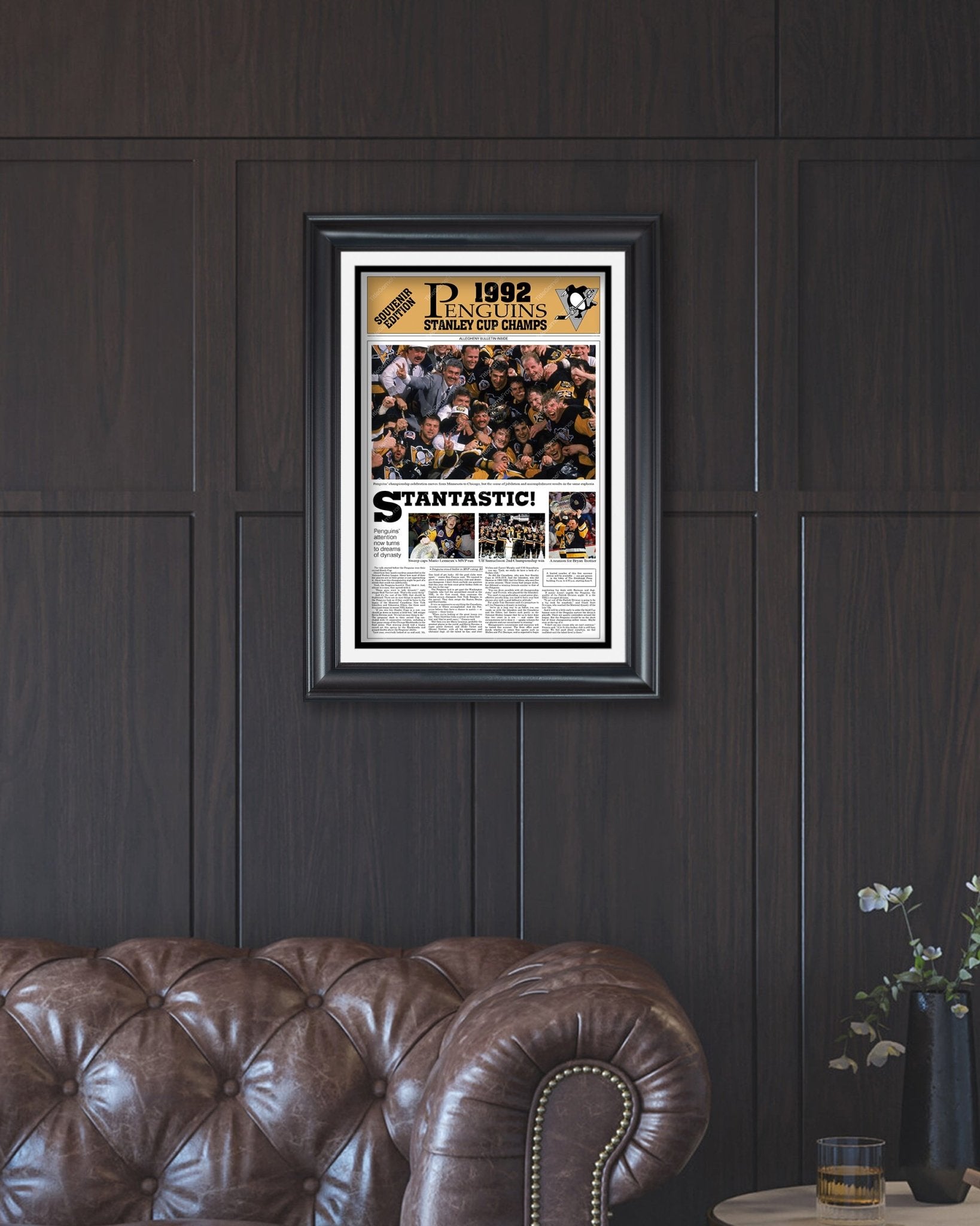 1992 Pittsburgh Penguins Framed Stanley Cup Champions Front Page Newspaper Print Mario Lemieux Civic Arena Igloo - Title Game Frames