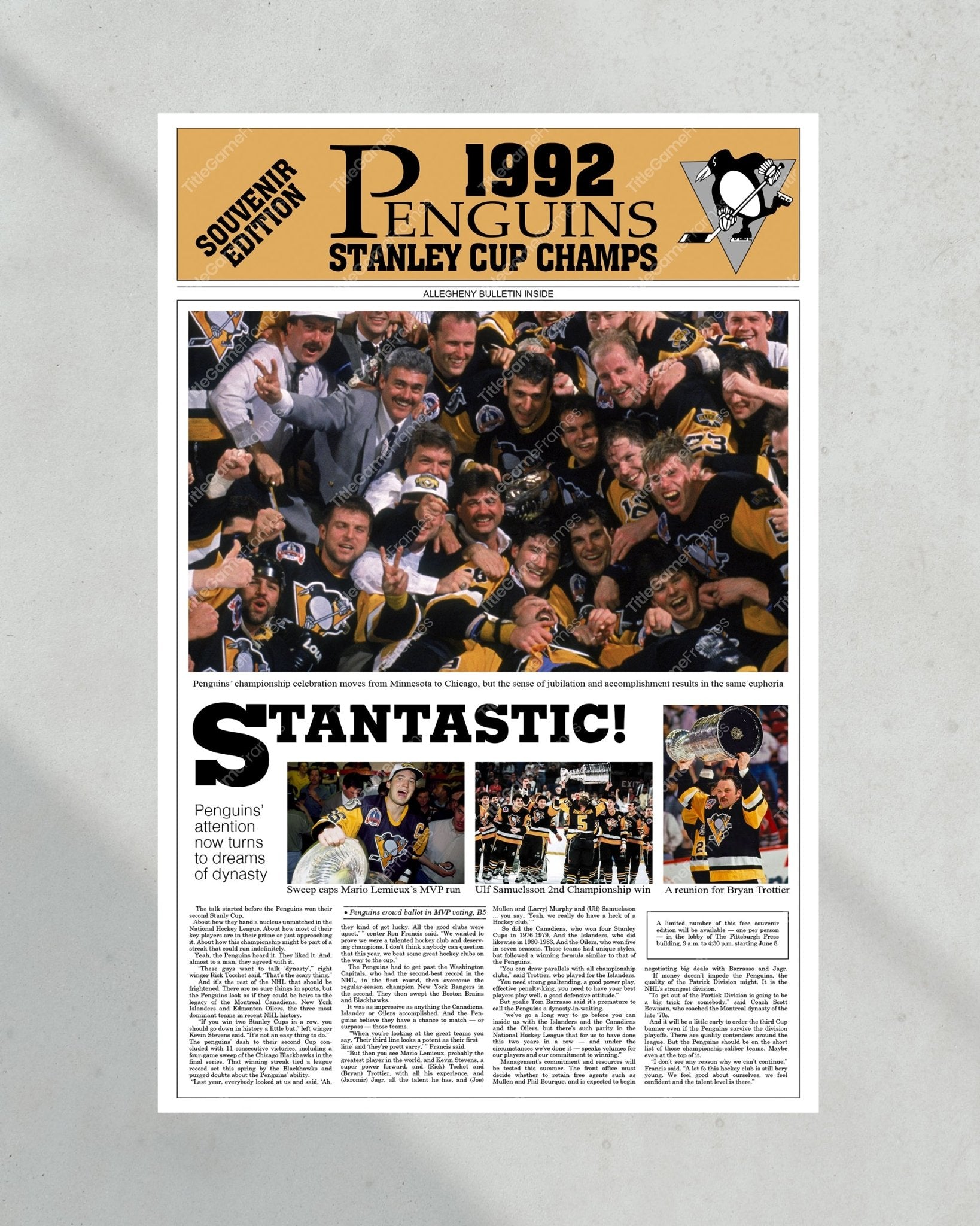 1992 Pittsburgh Penguins Framed Stanley Cup Champions Front Page Newspaper Print Mario Lemieux Civic Arena Igloo - Title Game Frames