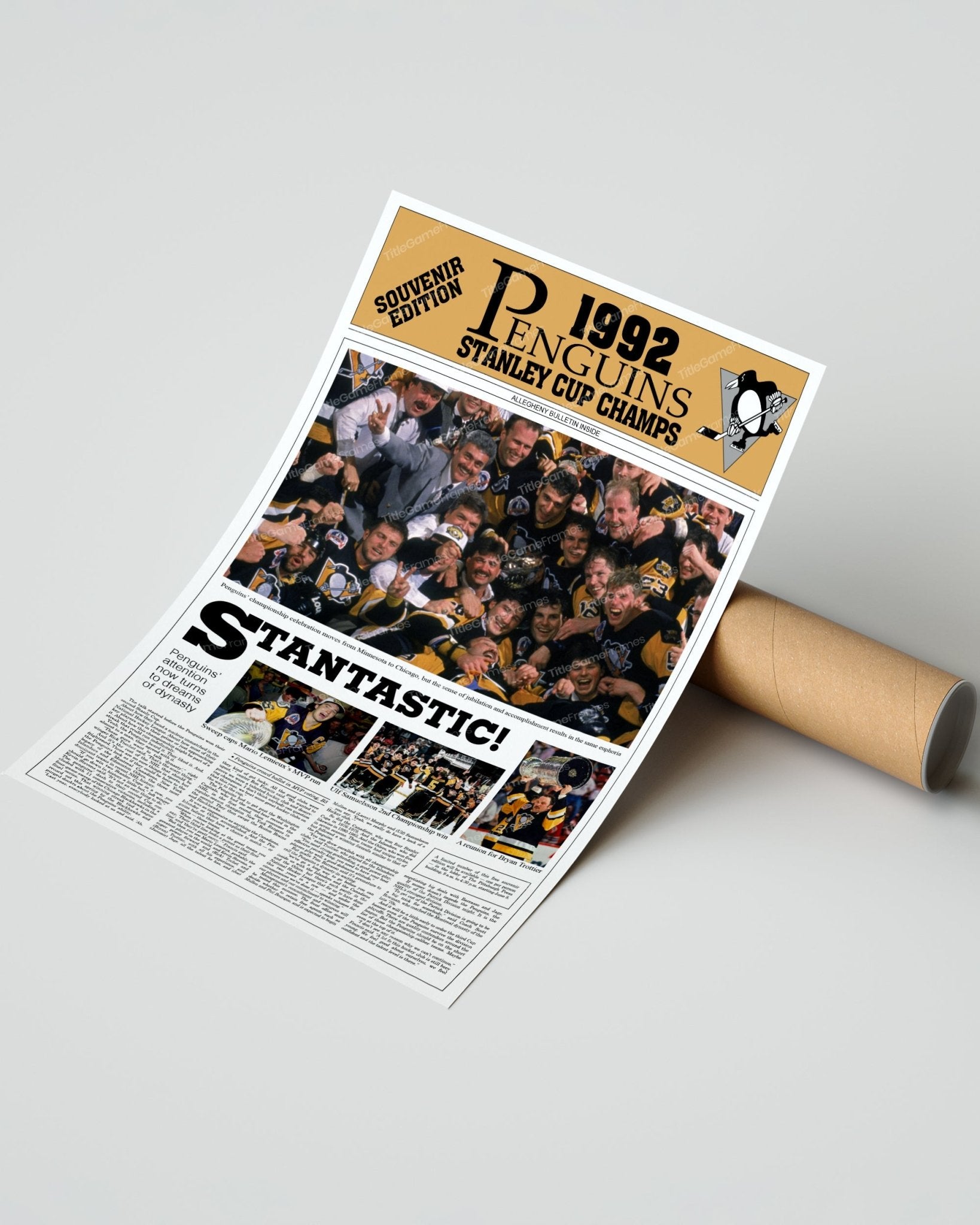 1992 Pittsburgh Penguins Framed Stanley Cup Champions Front Page Newspaper Print Mario Lemieux Civic Arena Igloo - Title Game Frames