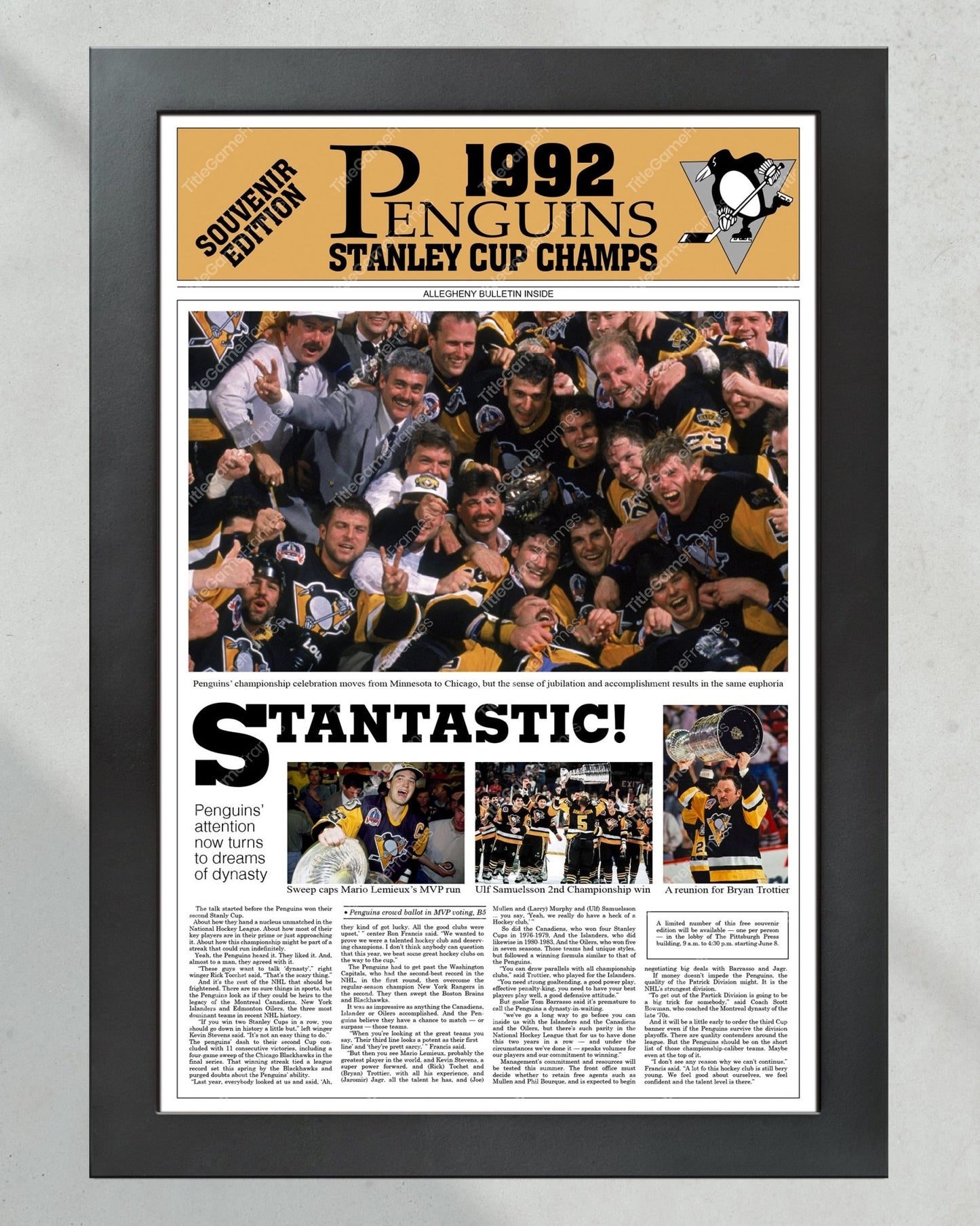 1992 Pittsburgh Penguins Framed Stanley Cup Champions Front Page Newspaper Print Mario Lemieux Civic Arena Igloo - Title Game Frames