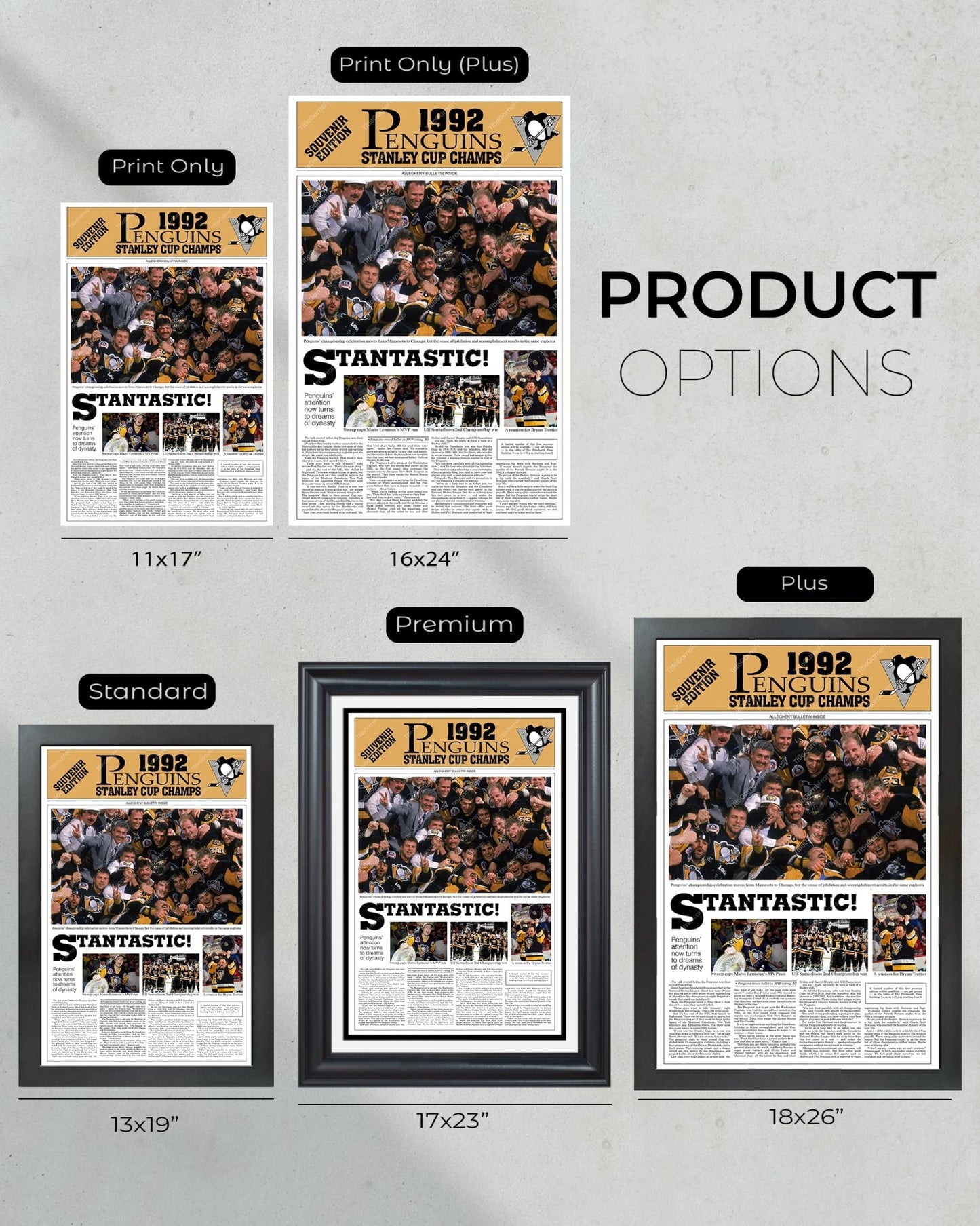 1992 Pittsburgh Penguins Framed Stanley Cup Champions Front Page Newspaper Print Mario Lemieux Civic Arena Igloo - Title Game Frames