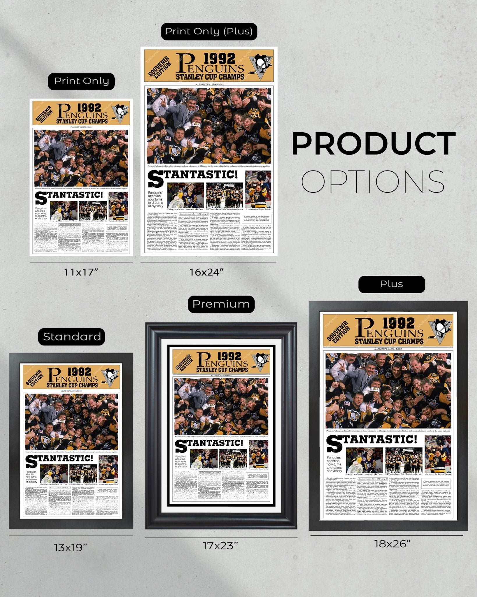 1992 Pittsburgh Penguins Framed Stanley Cup Champions Front Page Newspaper Print Mario Lemieux Civic Arena Igloo - Title Game Frames