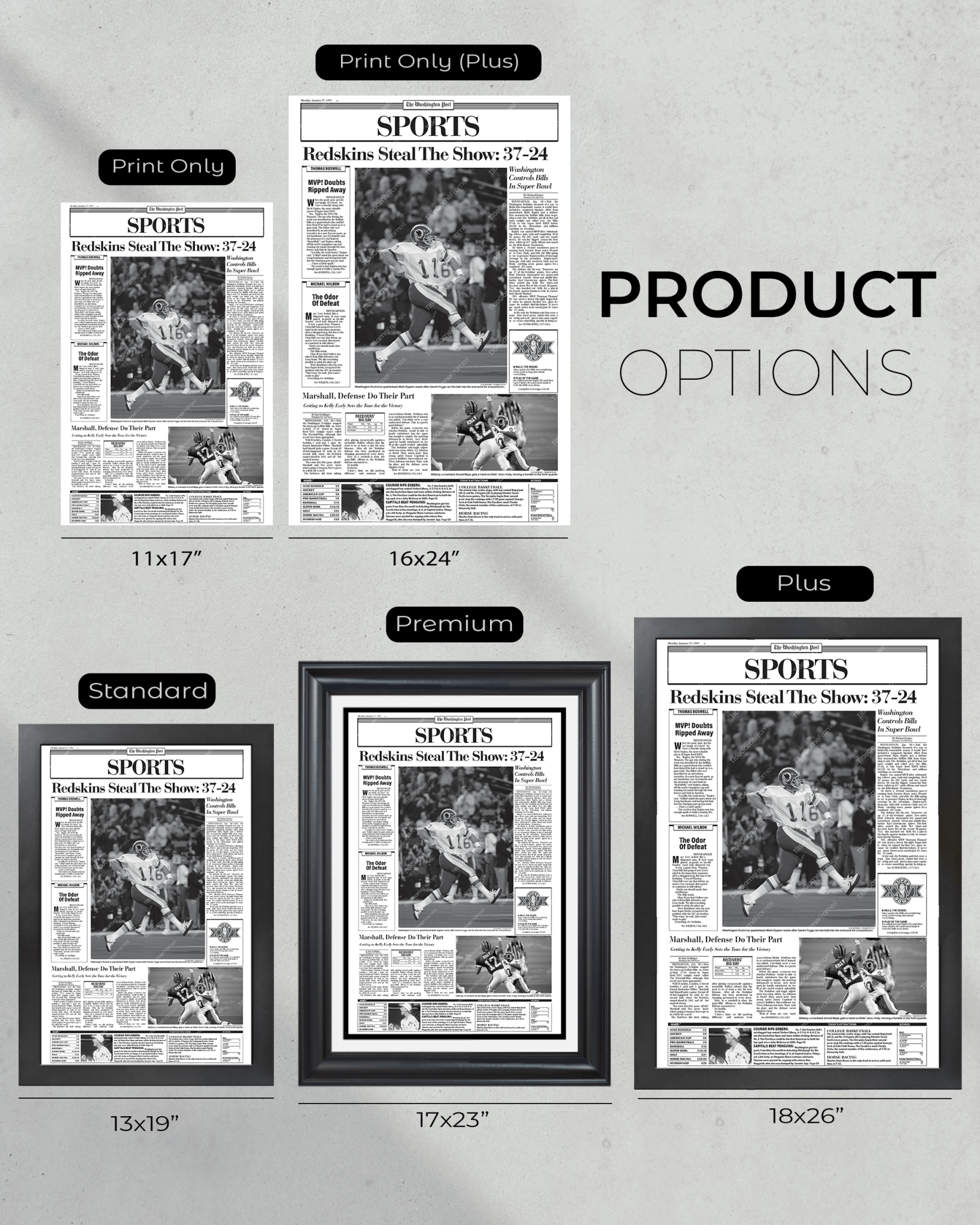 1992 Washington Commanders Super Bowl XXVI Framed Front Page Newspaper - Title Game Frames