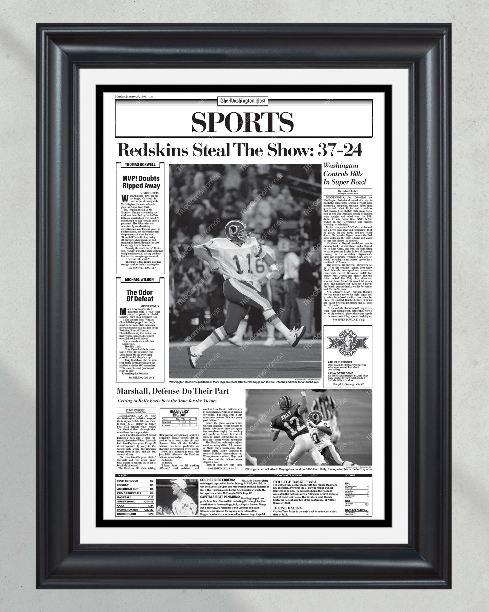1992 Washington Commanders Super Bowl XXVI Framed Front Page Newspaper - Title Game Frames