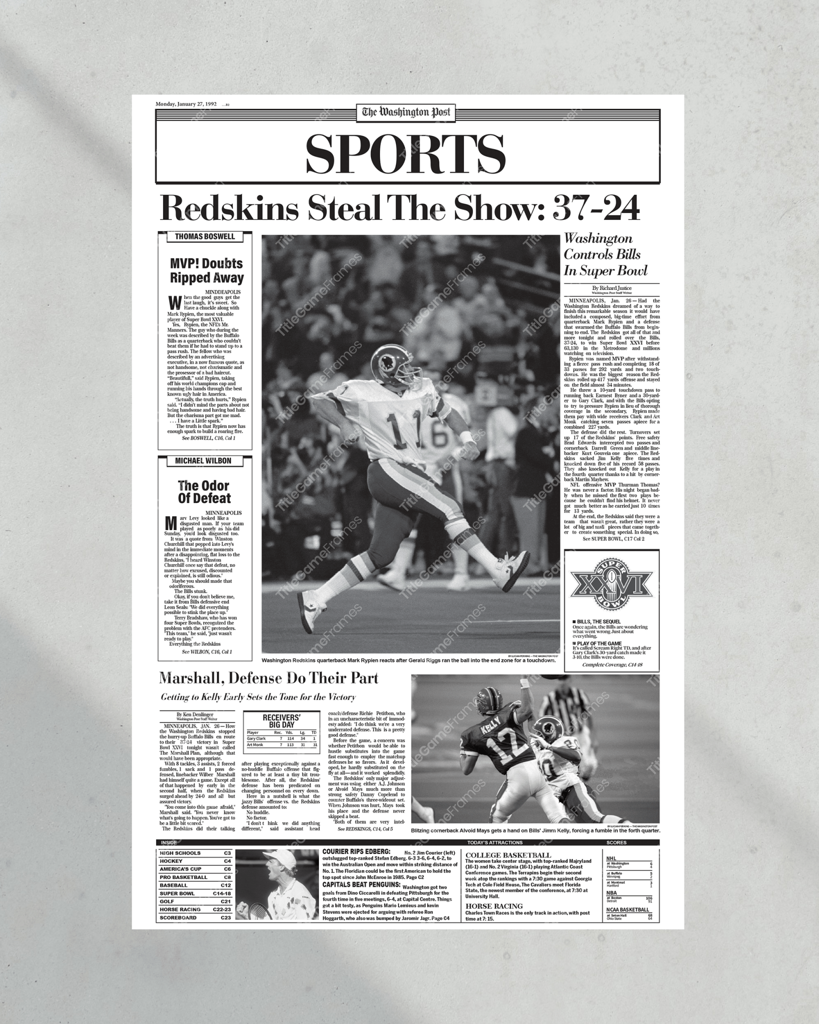 1992 Washington Commanders Super Bowl XXVI Framed Front Page Newspaper - Title Game Frames