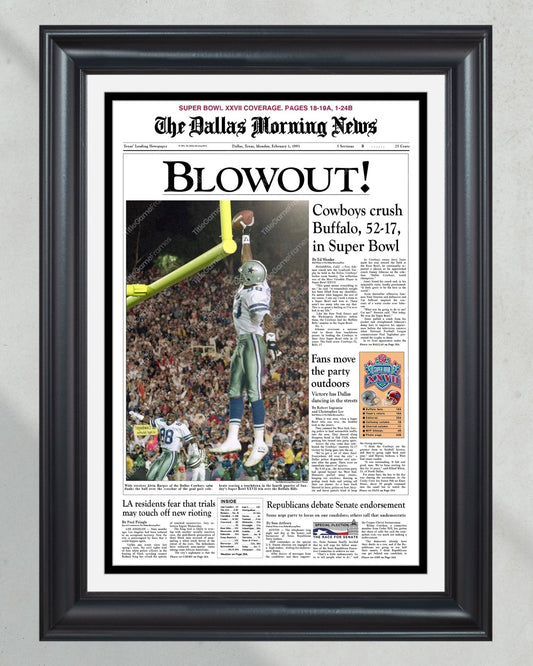 1993 Dallas Cowboys Super Bowl Champions Framed Front Page Newspaper Print - Title Game Frames
