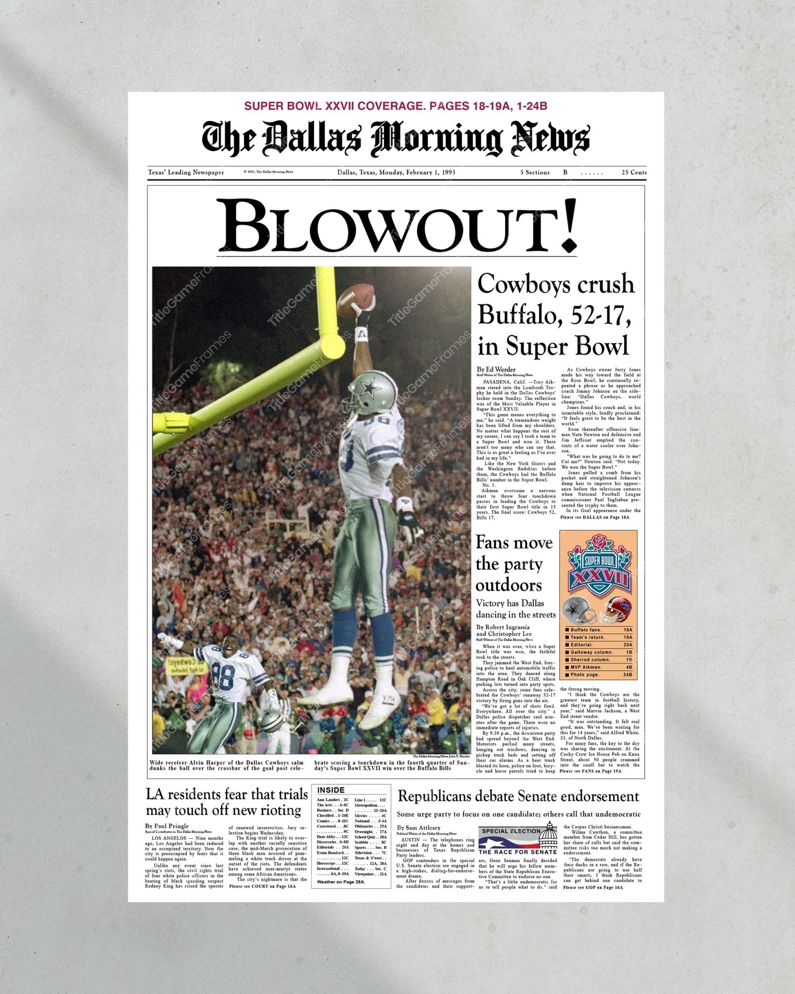 1993 Dallas Cowboys Super Bowl Champions Framed Front Page Newspaper Print - Title Game Frames
