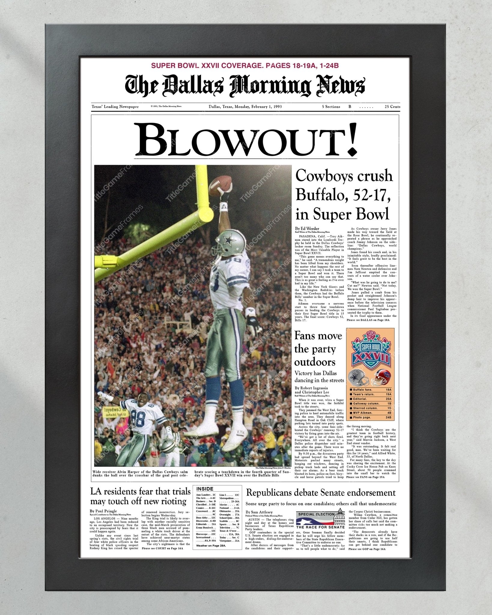 1993 Dallas Cowboys Super Bowl Champions Framed Front Page Newspaper Print - Title Game Frames