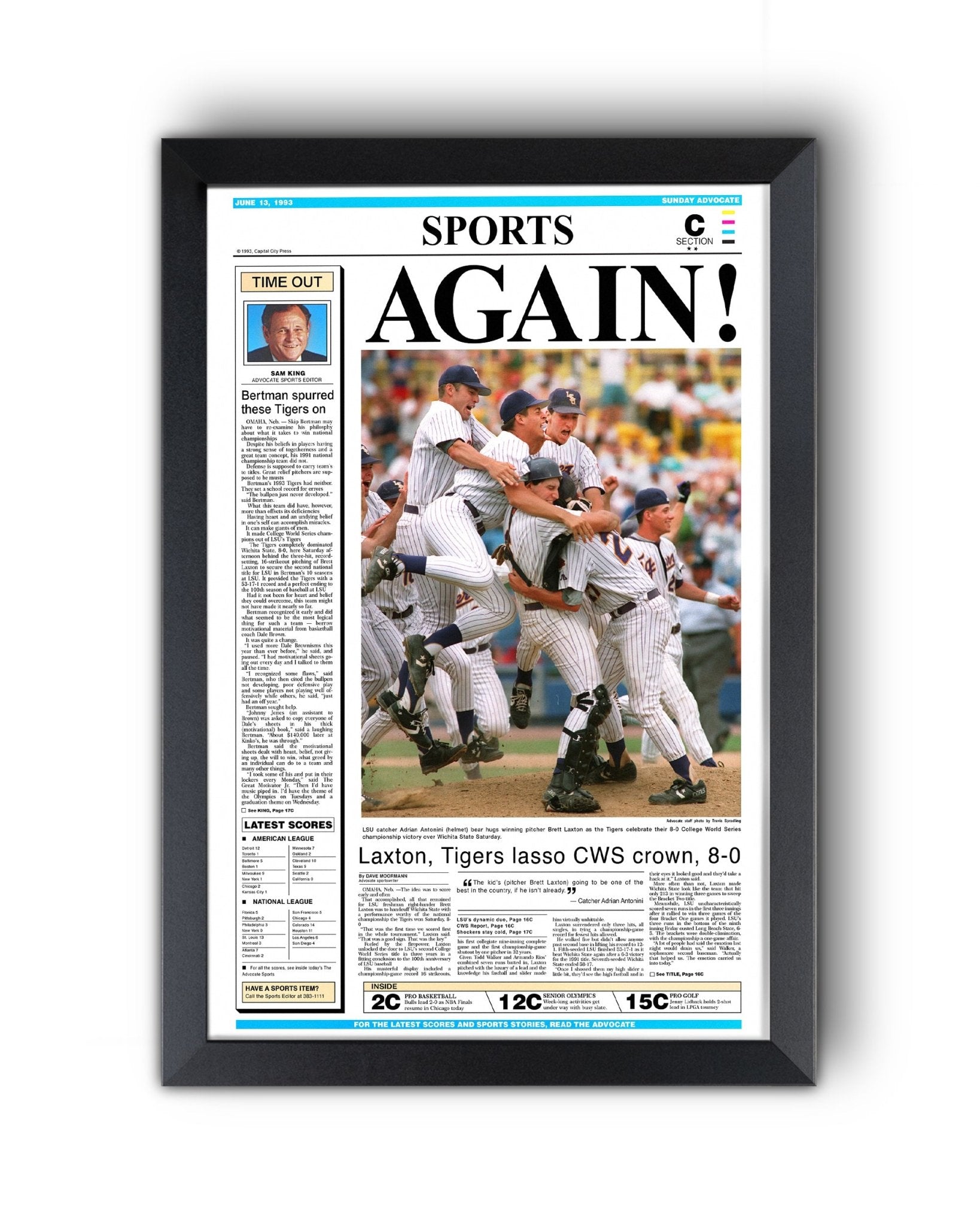 1993 LSU Tigers ‘AGAIN!’ - College World Series Champions Framed Newspaper Print - TitleGameFrames.com