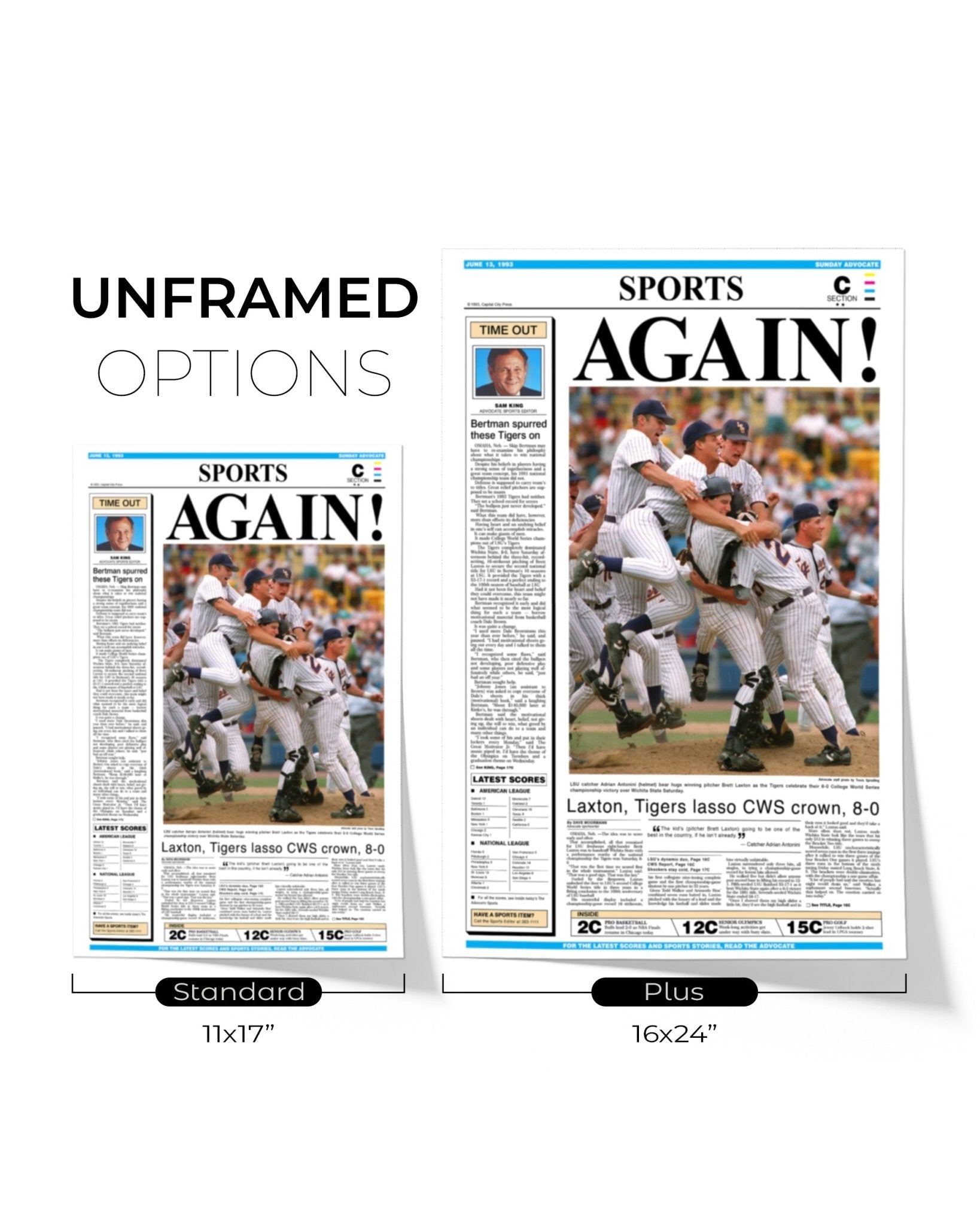 1993 LSU Tigers ‘AGAIN!’ - College World Series Champions Framed Newspaper Print - TitleGameFrames.com