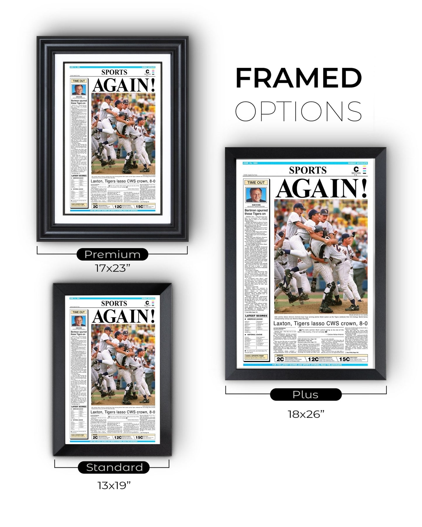 1993 LSU Tigers ‘AGAIN!’ - College World Series Champions Framed Newspaper Print - TitleGameFrames.com
