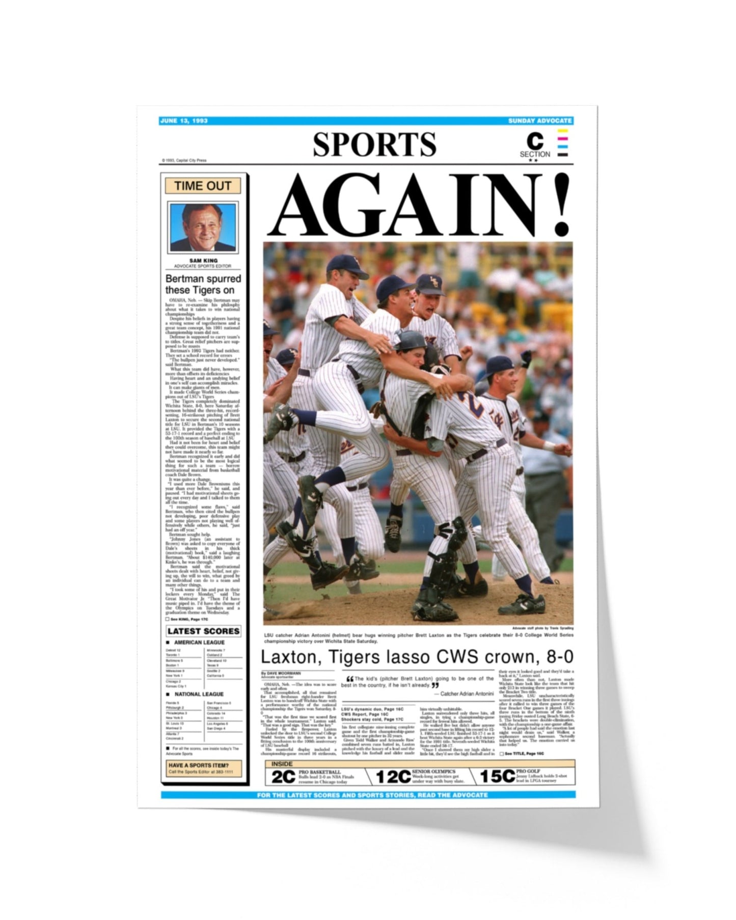 1993 LSU Tigers ‘AGAIN!’ - College World Series Champions Framed Newspaper Print - TitleGameFrames.com