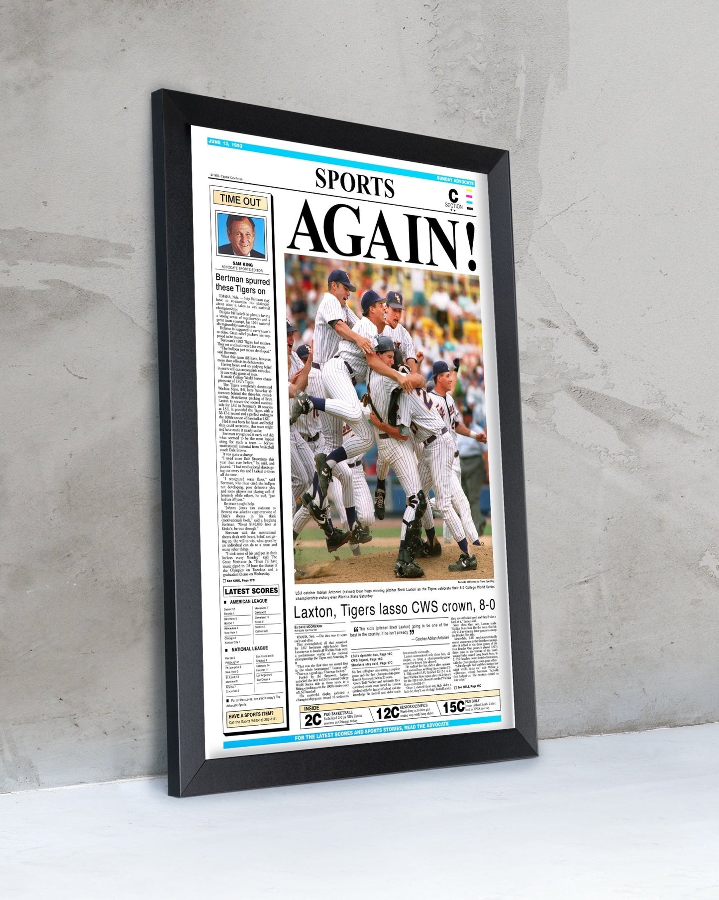 1993 LSU Tigers ‘AGAIN!’ - College World Series Champions Framed Newspaper Print - TitleGameFrames.com