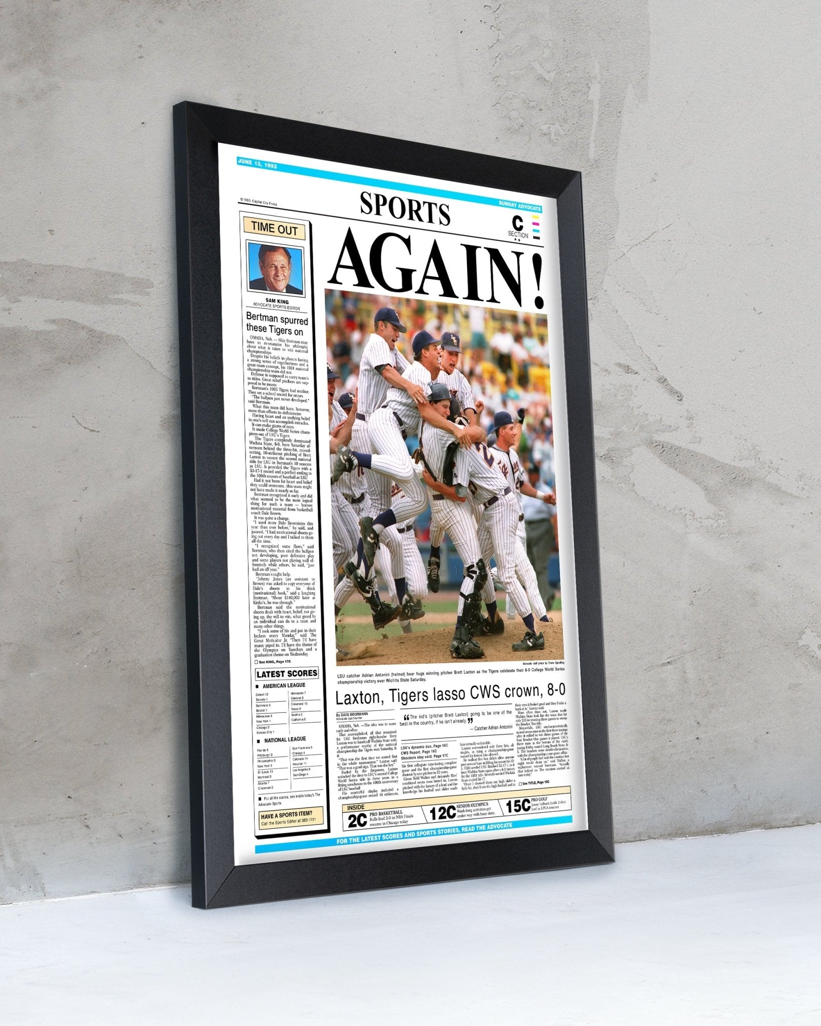 1993 LSU Tigers ‘AGAIN!’ - College World Series Champions Framed Newspaper Print - TitleGameFrames.com