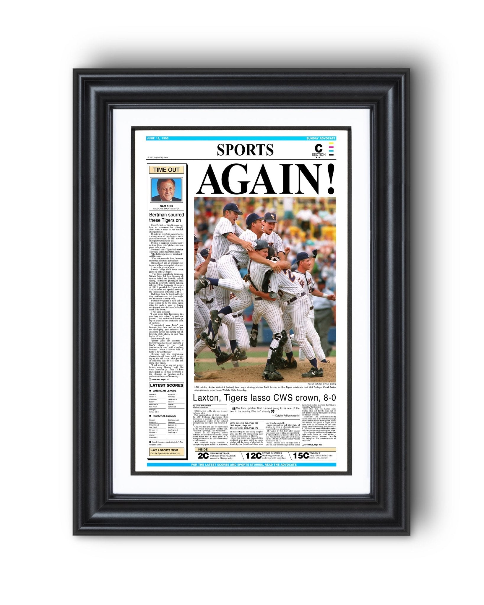 1993 LSU Tigers ‘AGAIN!’ - College World Series Champions Framed Newspaper Print - TitleGameFrames.com