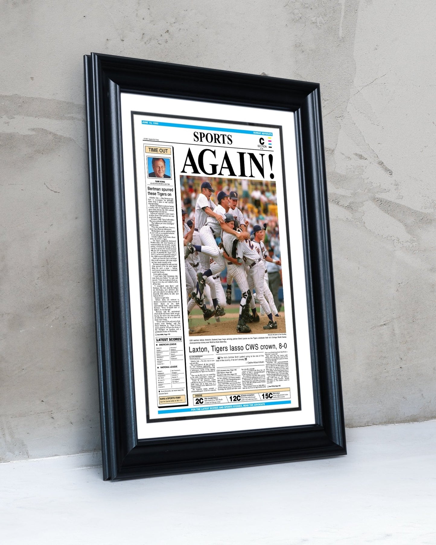 1993 LSU Tigers ‘AGAIN!’ - College World Series Champions Framed Newspaper Print - TitleGameFrames.com