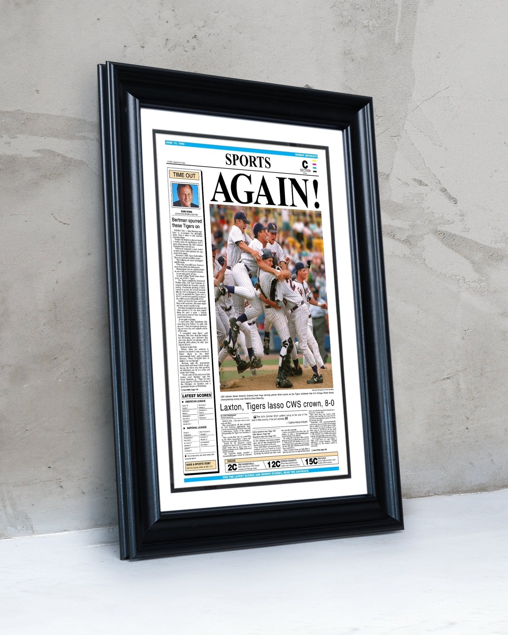 1993 LSU Tigers ‘AGAIN!’ - College World Series Champions Framed Newspaper Print - TitleGameFrames.com