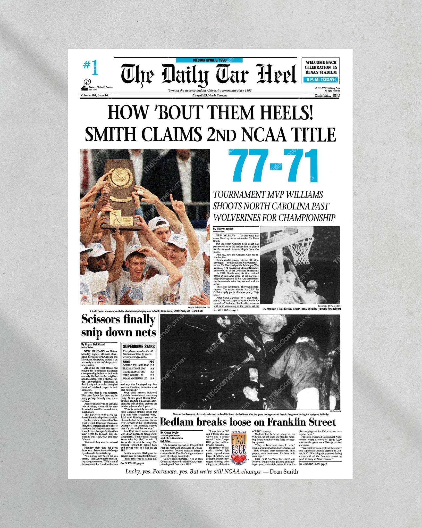 1993 North Carolina Tar Heels NCAA College Basketball Champions Framed Front Page Newspaper Print - Title Game Frames